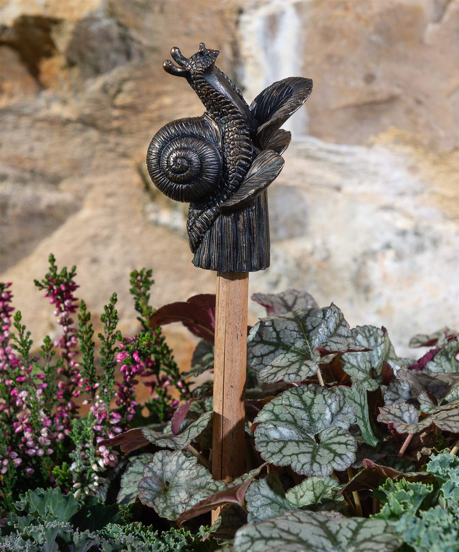 Cane Companions Bronze Snail On Hosta Stake Topper - Handmade Flower Pot Garden Ornament - Outdoor Figurine