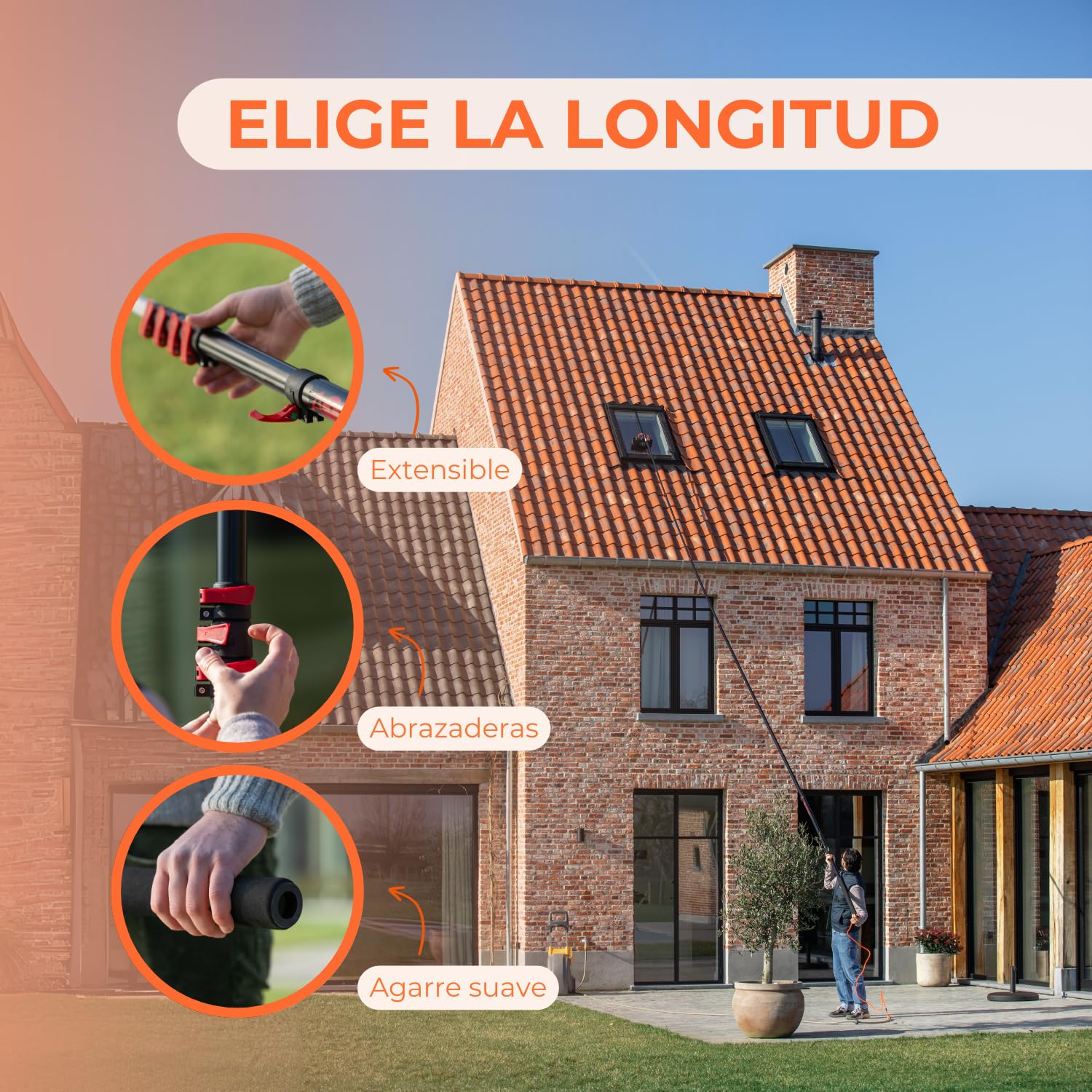 Aquascopic Barra telescópica con Cepillo Permeable al Agua de 5 Superficies y Manguera de Agua Interna, Limpiador de Longitud Ajustable para Ventanas y Paneles solares, hasta 8m