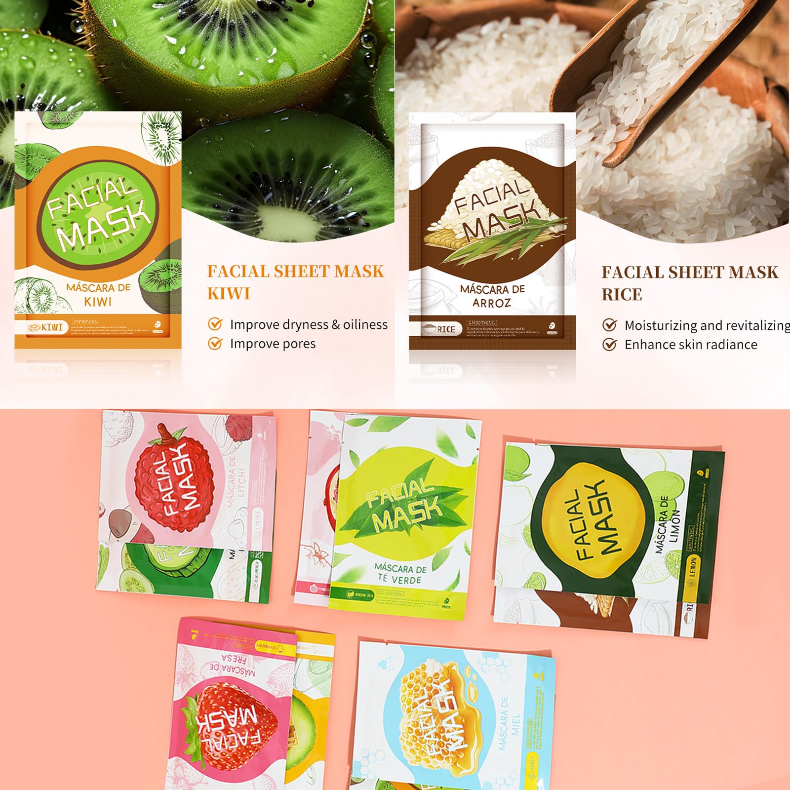 10 Sheet Face Mask Set, Face Masks Skincare, Fruit Plant Sheet Mask Brighten Hydrating Smoothing and Improve Dullness - Image 4