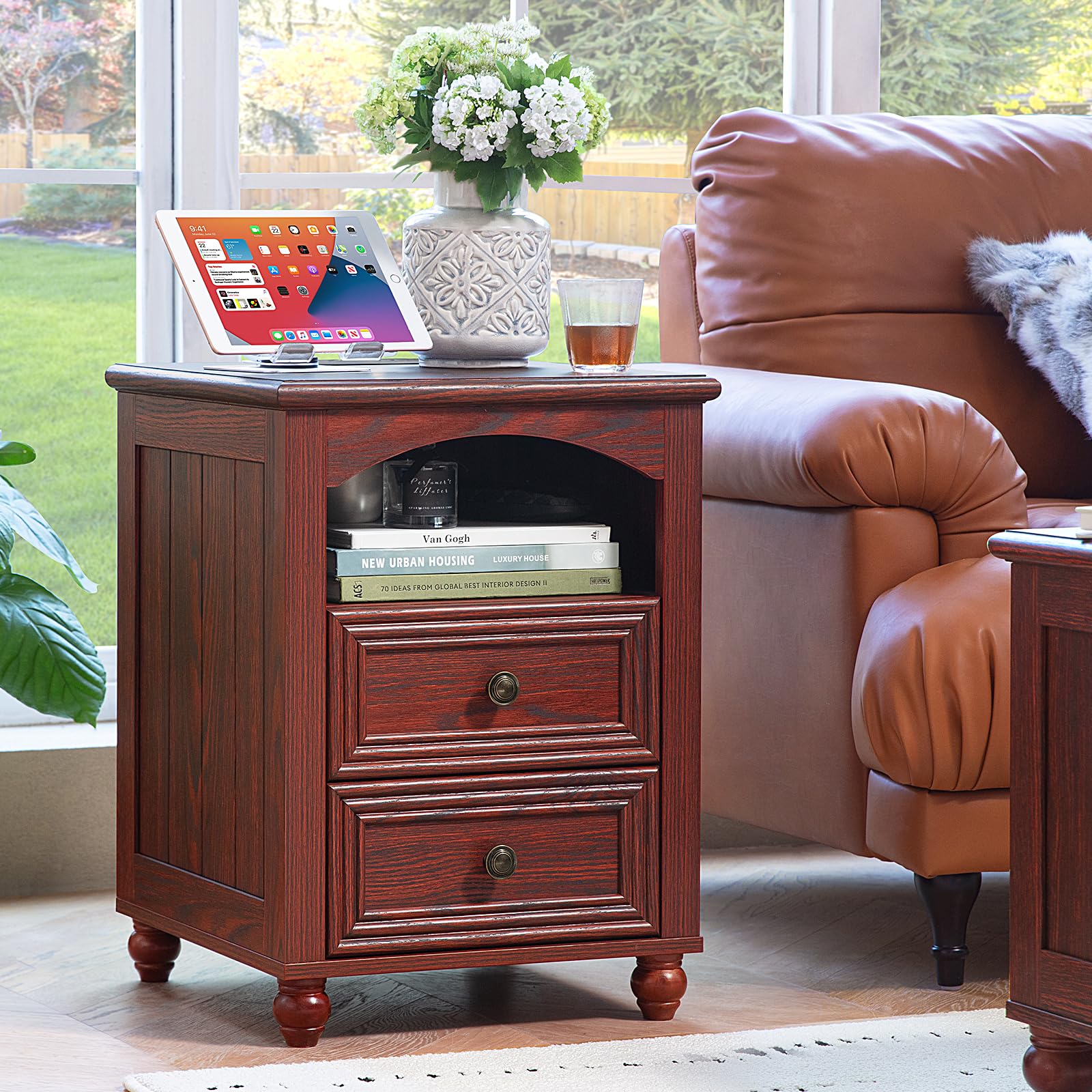 RWYHG 18" Farmhouse Night Stand with Charging Station, Wood Nightstand with 2 Drawers, Rustic Bedside End Table with Shelf Storage, Bed Side Tables