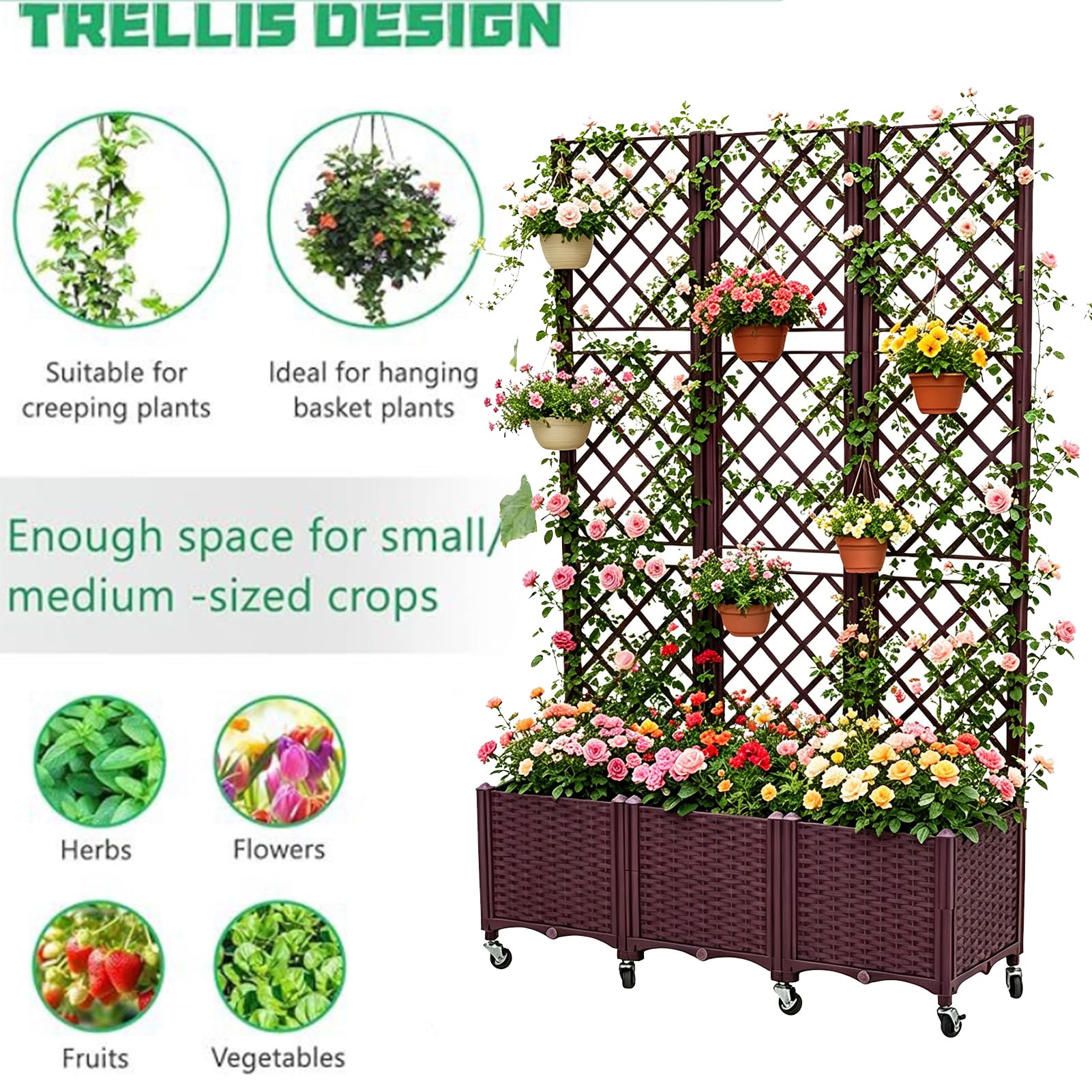 Fioriera 3 Pezzi con Traliccio, 120x40x193 cm, Vaso Fioriere alto in PP Resistente con Ruote Frenabili e fori Drenaggio, Fioriera da Balcone per Piante Rampicanti, Giardino Terrazza, Marrone