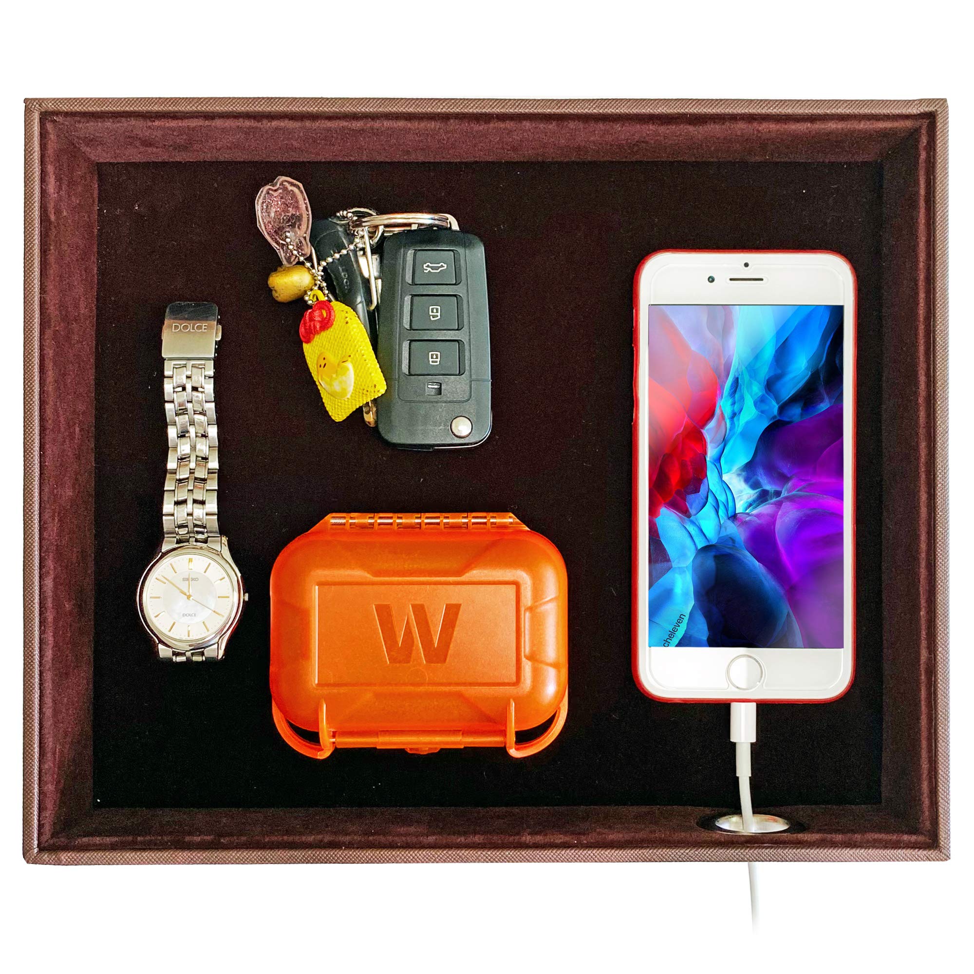 Valet Tray Table Organizer - PU Leather Nightstand Organizer for Men and Women - Jewelry Accessories Catchall Vanity Tray for Dresser Desk Top - Key and Wallet Box - Bedside Charging Station