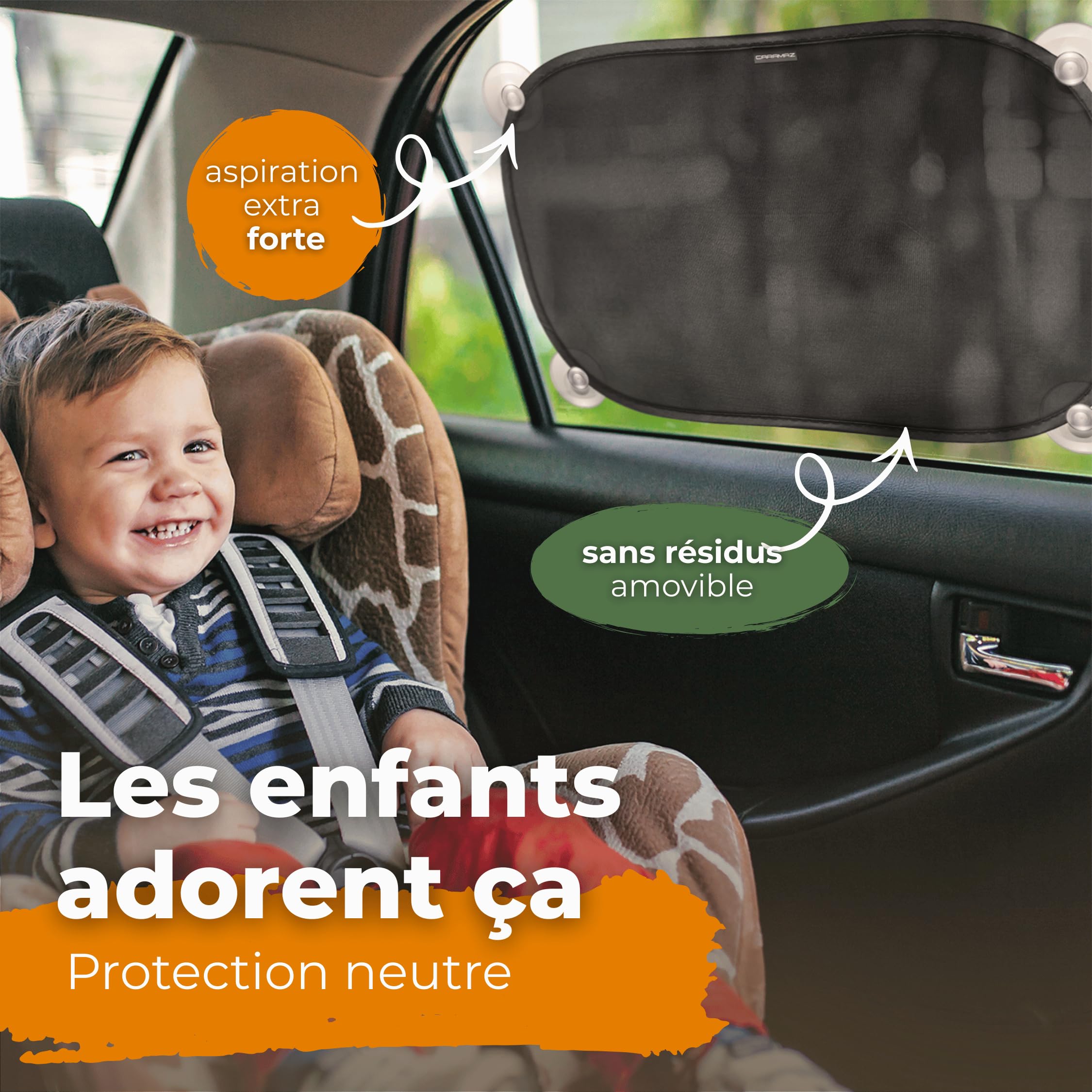 CARAMAZ Pare-Soleil Voiture bébé avec Protection UV certifiée, Universel 48 x 30 cm, 2 pièces Pare-Soleil, avec ventouses - 2