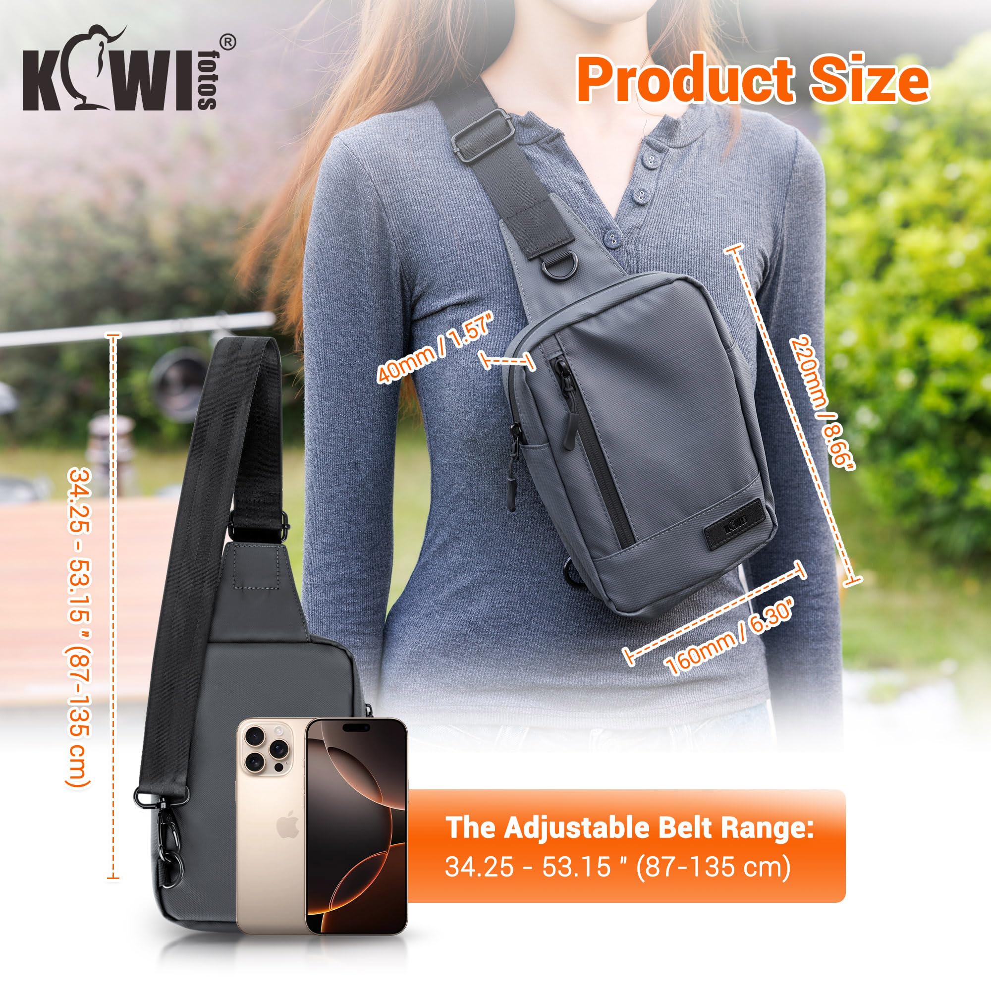 Kiwifotos Borsa a tracolla piccola Borsa a tracolla per uomo e donna Borsa a petto resistente all'acqua con cerniera, borsa a tracolla per viaggi, campeggio e sport all'aria aperta