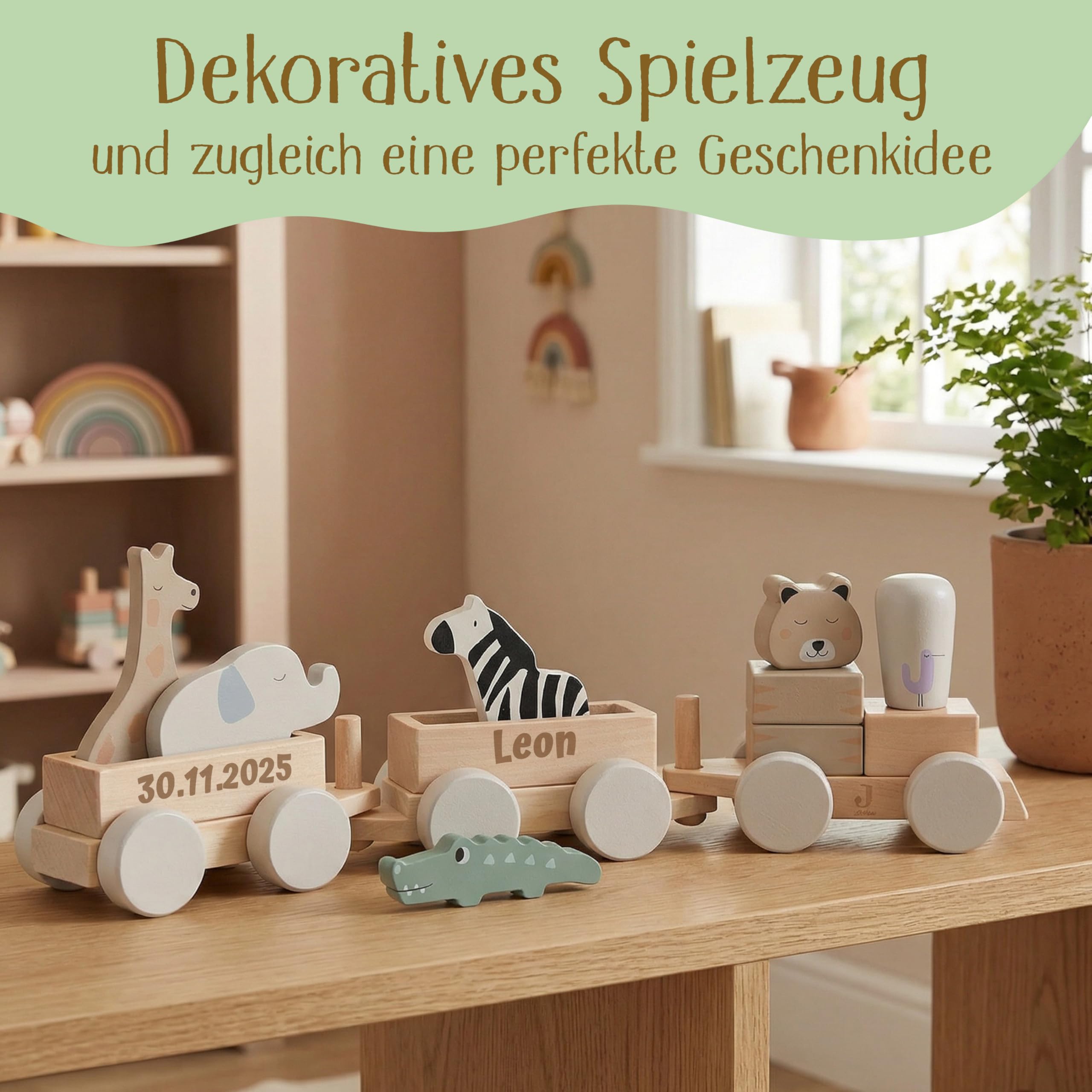 Jollein Holzzug personalisiert mit Name & Datum – FSC Holzspielzeug ab 18 Monate – Made in Germany – beidseitige Gravur – Motorikspielzeug mit Tieren