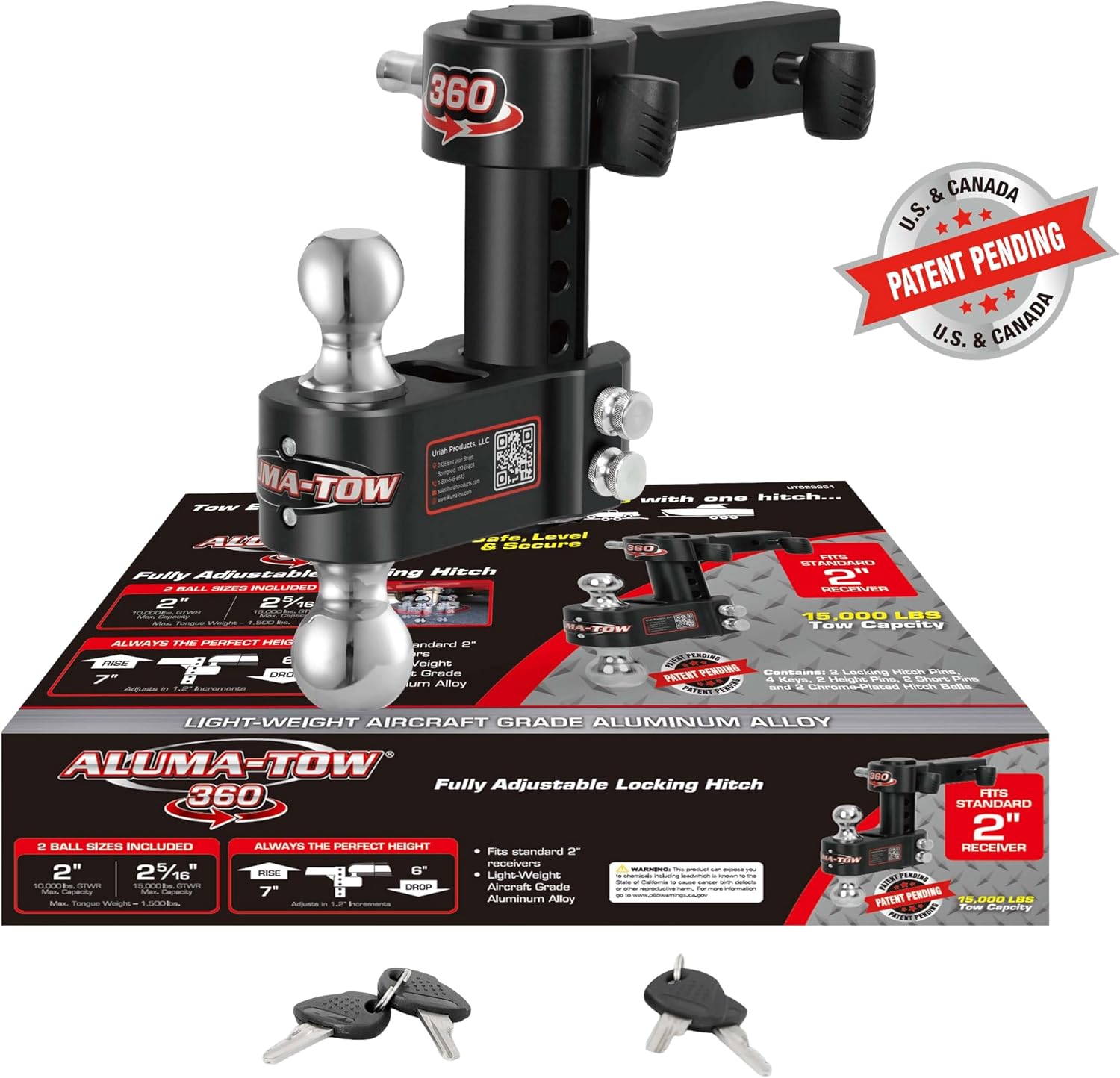 Aluma-Tow UT623361 360° Adjustable Trailer Hitch for 2" Receiver, Heavy Duty Aluminum Tow Hitches 15000 lb. GTW for Truck 6" Max Drop - Black