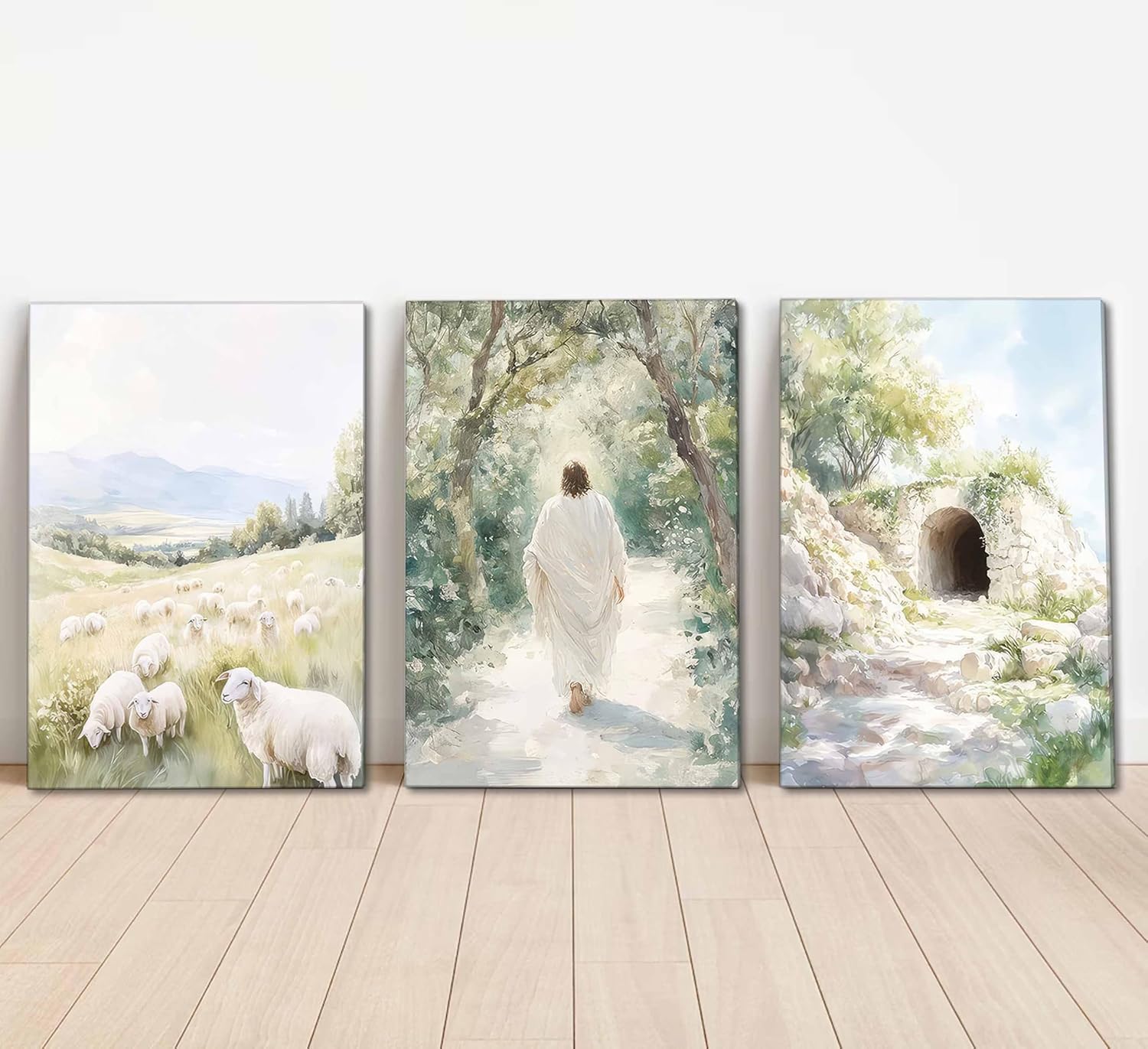 3 Pcs Christian Canvas Wall Art Modern Christian Bible Sheep Jesus On The Way Empty Tomb Painting Picture Wall Decor Bible Sketch Poster Prints for Office Living Room Bedroom Home Decoration