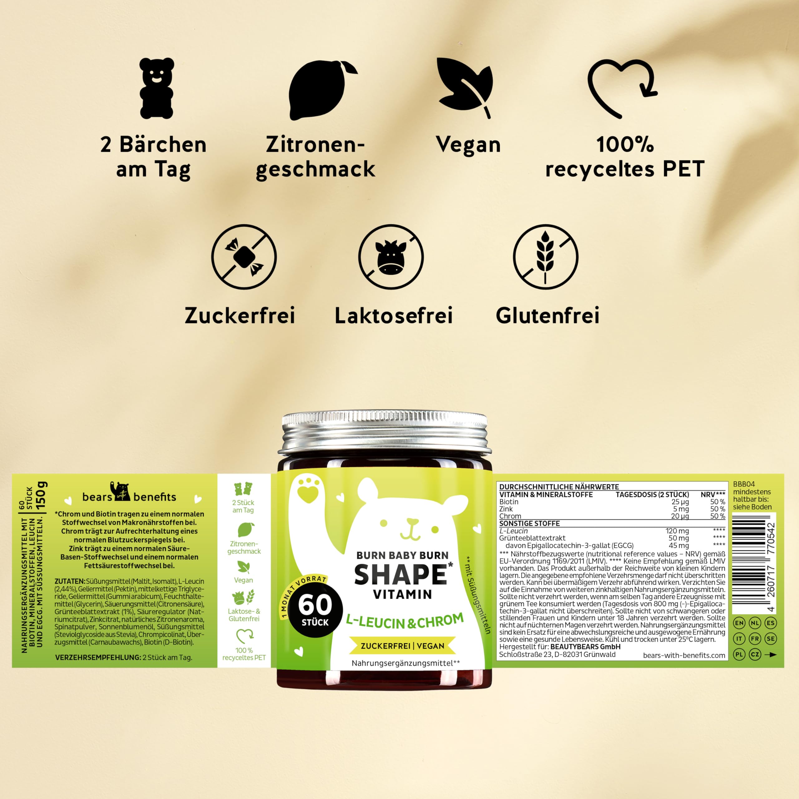 Nährstoff-Komplex Gummies – Burn Baby Burn Shape Gummies mit Chrom, Biotin, Zink, L-Leucin & Grüntee-Extrakt – 60 Stück (1 Monatsversorgung), Vegan, Zuckerfrei, Bears With Benefits