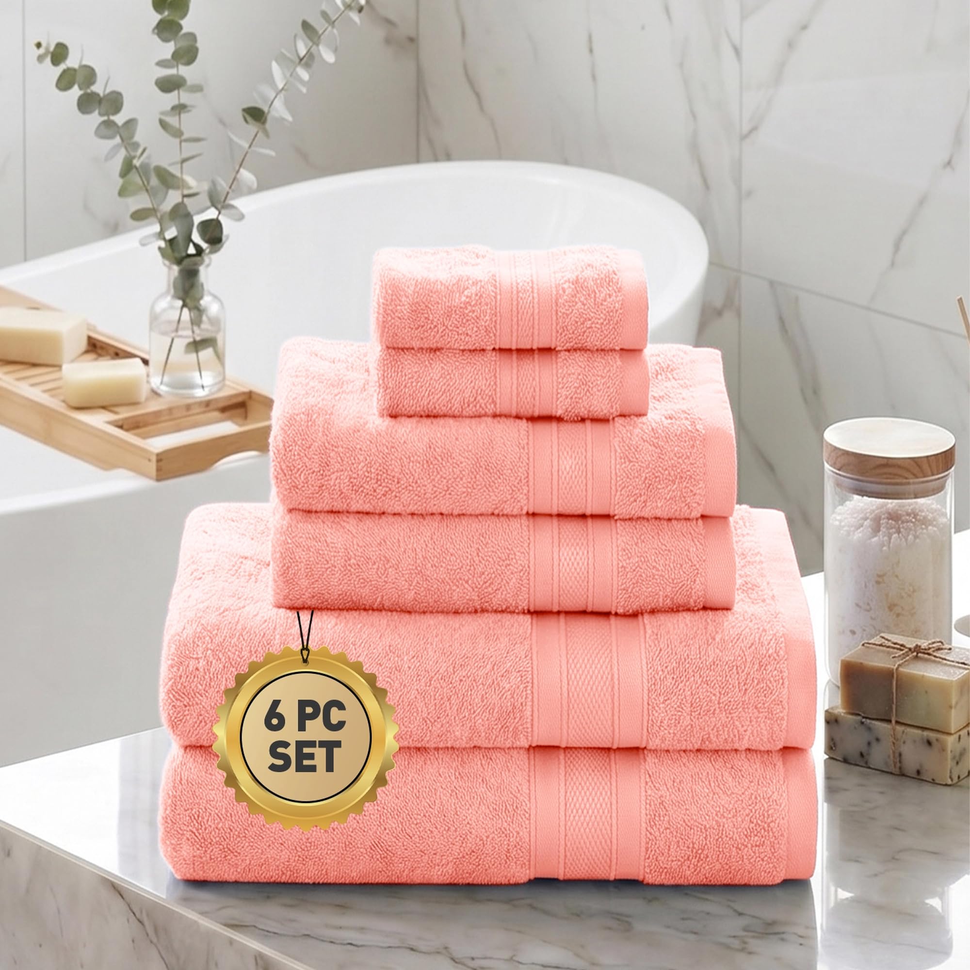 TRIDENT Soft Comfort Air Rich Towels for Bath, 100% Cotton Towel, Super Soft, Highly Absorbent, 6 Pieces Towel Set, 500 GSM - Coral Haze
