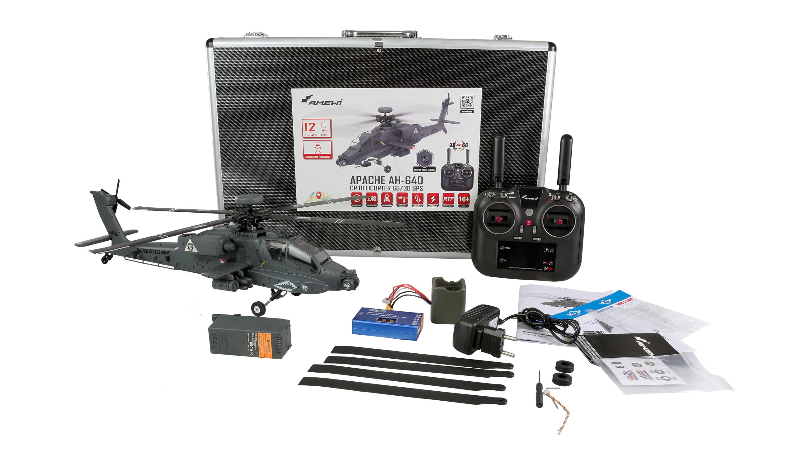 Amewi Apache AH-64D CP Helikopter 6G/3D GPS RTF RC ferngesteuert Heli Hubschrauber, Olivgrün