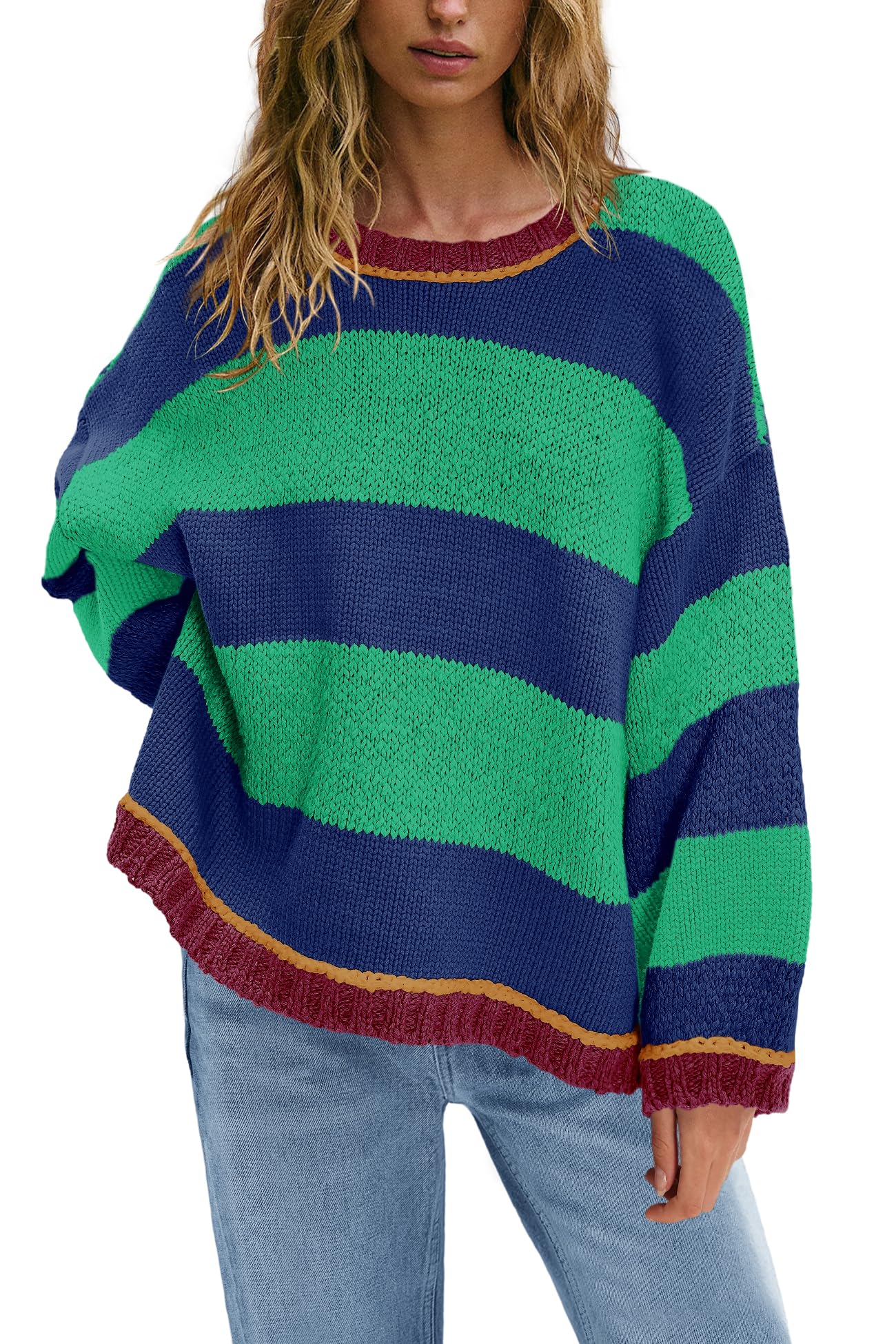 Nirovien Womens Oversized Sweater Colorblock Striped Sweater Chunky Cable Knit Crewneck Pullover Tops