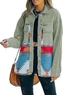 Women's Aztec Denim Jacket Distressed Lapel Long Sleeve...