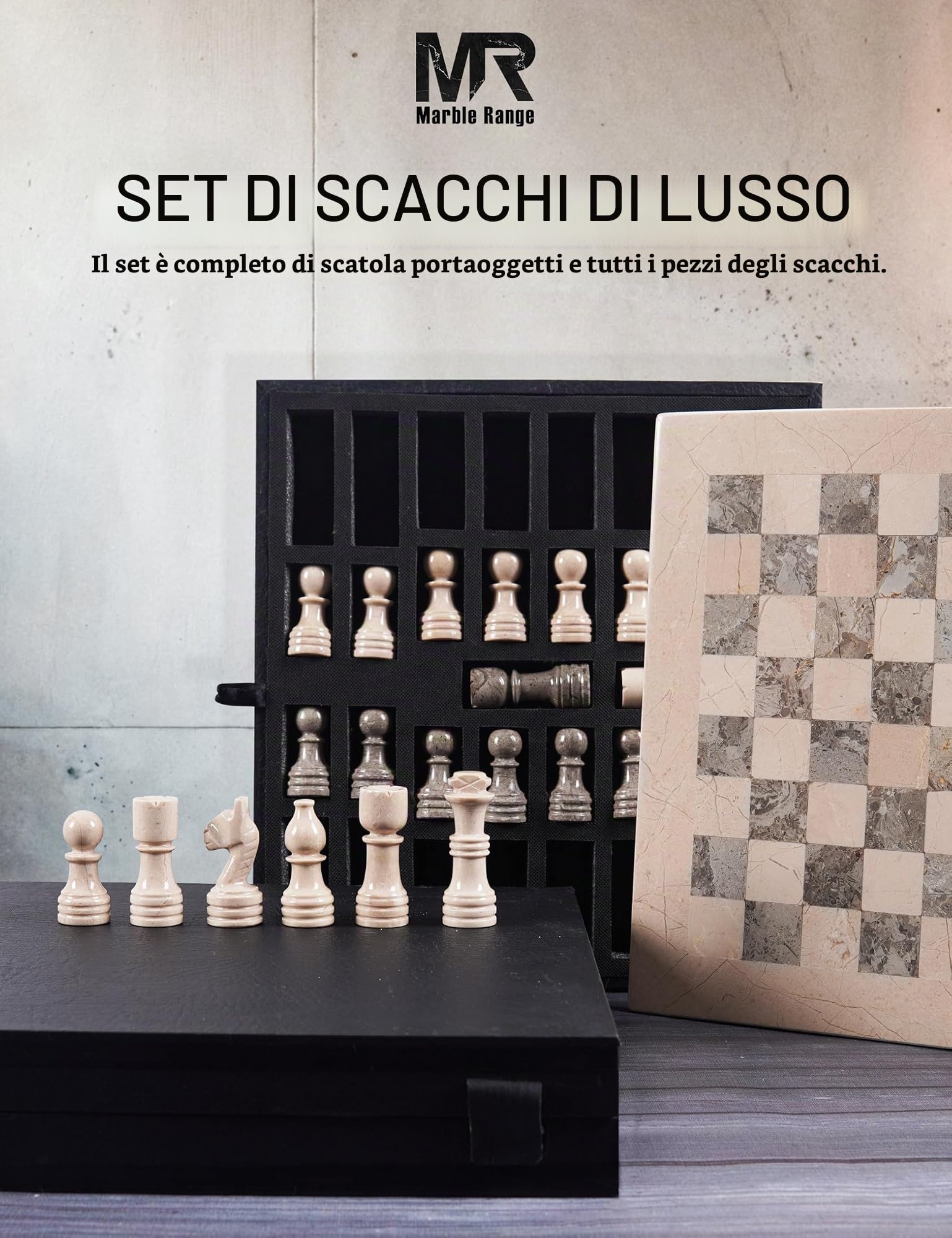 Set di scacchi in marmo, 30,5 cm, Verona e Oceanic, fatto a mano, con scatola portaoggetti, classico set di scacchi da viaggio per adulti con pezzi di scacchi e 2 regine extra, regalo elegante e