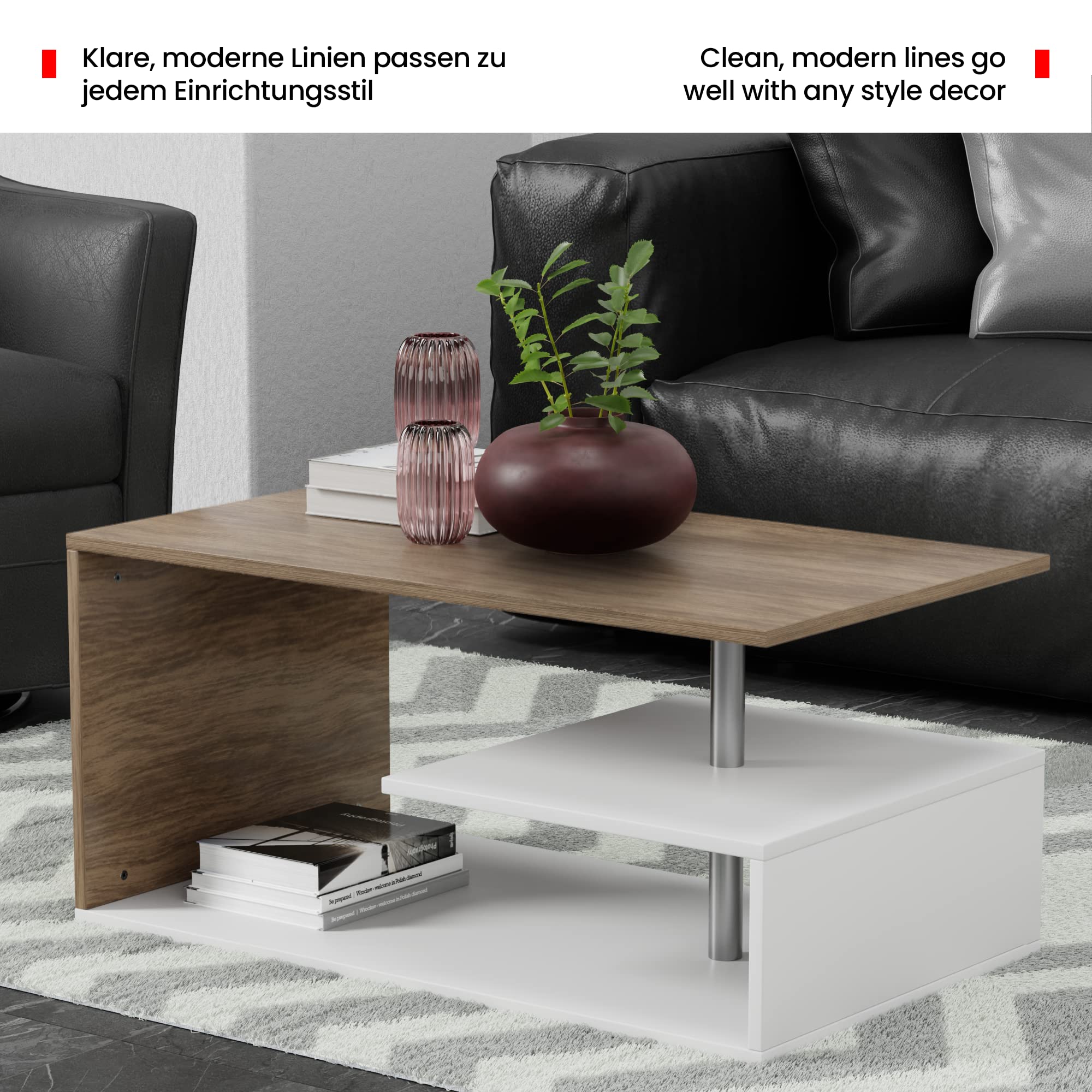 MIADOMODO® Couchtisch-90x50 cm, mit Stauraum, Modern, Eckig, Asymmetrisch, Leicht, Lang, Niedrig, Weiß mit Betonoptik/Eichenoptik/Grau - Wohnzimmertisch, Kaffeetisch (Weiß-Eicheimitat)