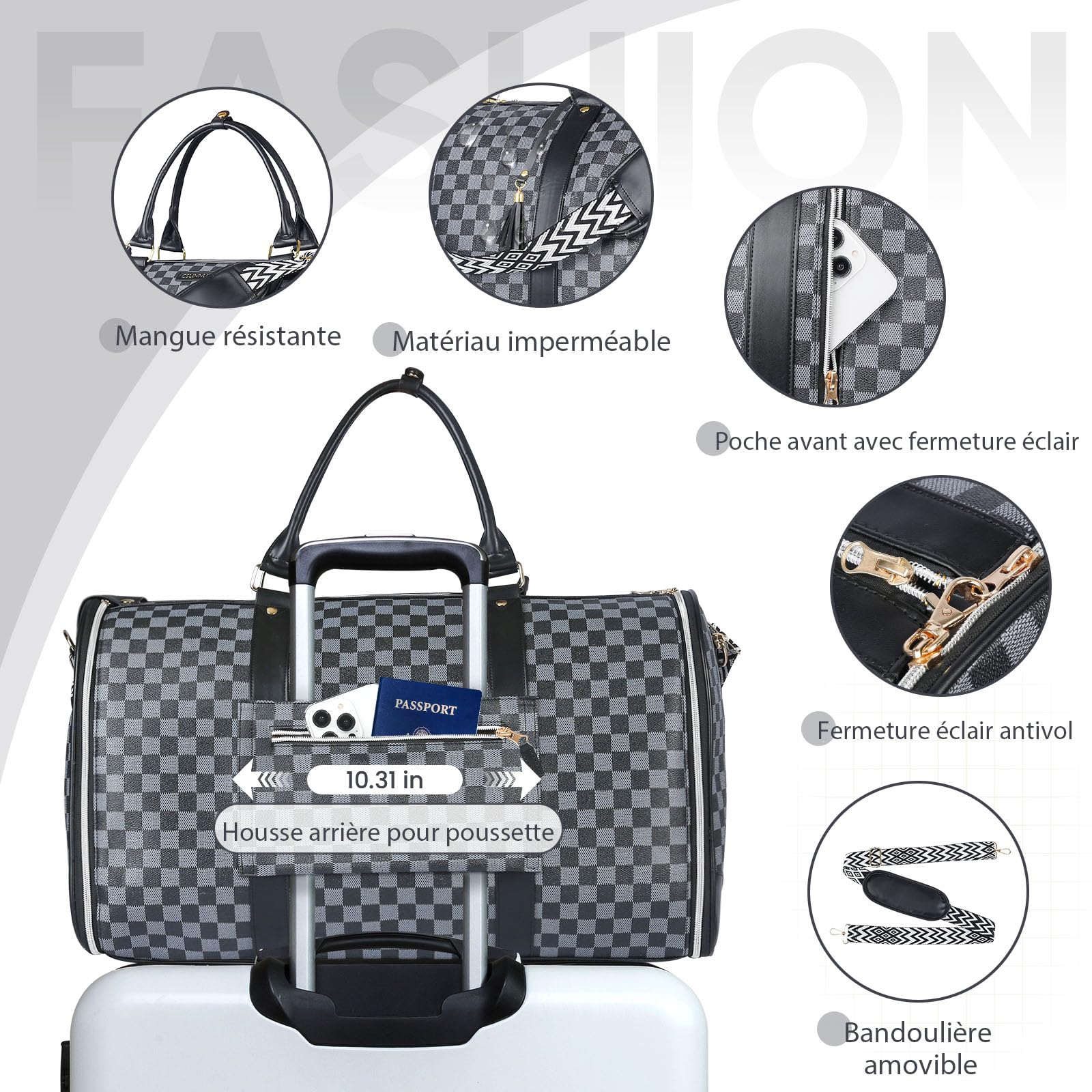 Sac porte-vêtements convertible 50 L, 2 en 1, poche chaussures imperméable, système anti-plis, idéal pour voyages travail et vacances (noir)