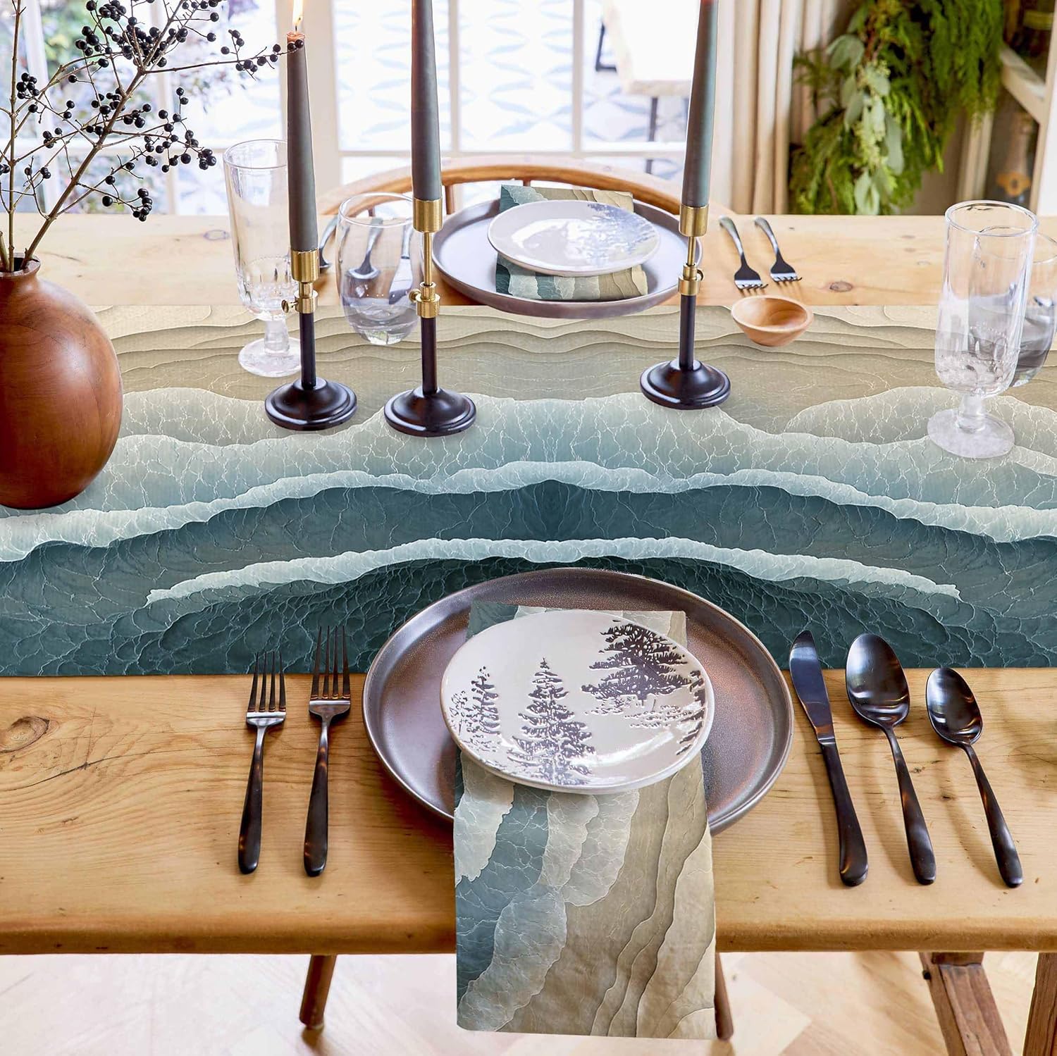 Table Runner Abstract Blue Wave Beach Table Decoration for Kitchen Ocean Modern Art Table Decoration for Indoor Outdoor Home Holiday Party Decor 13x108 inch