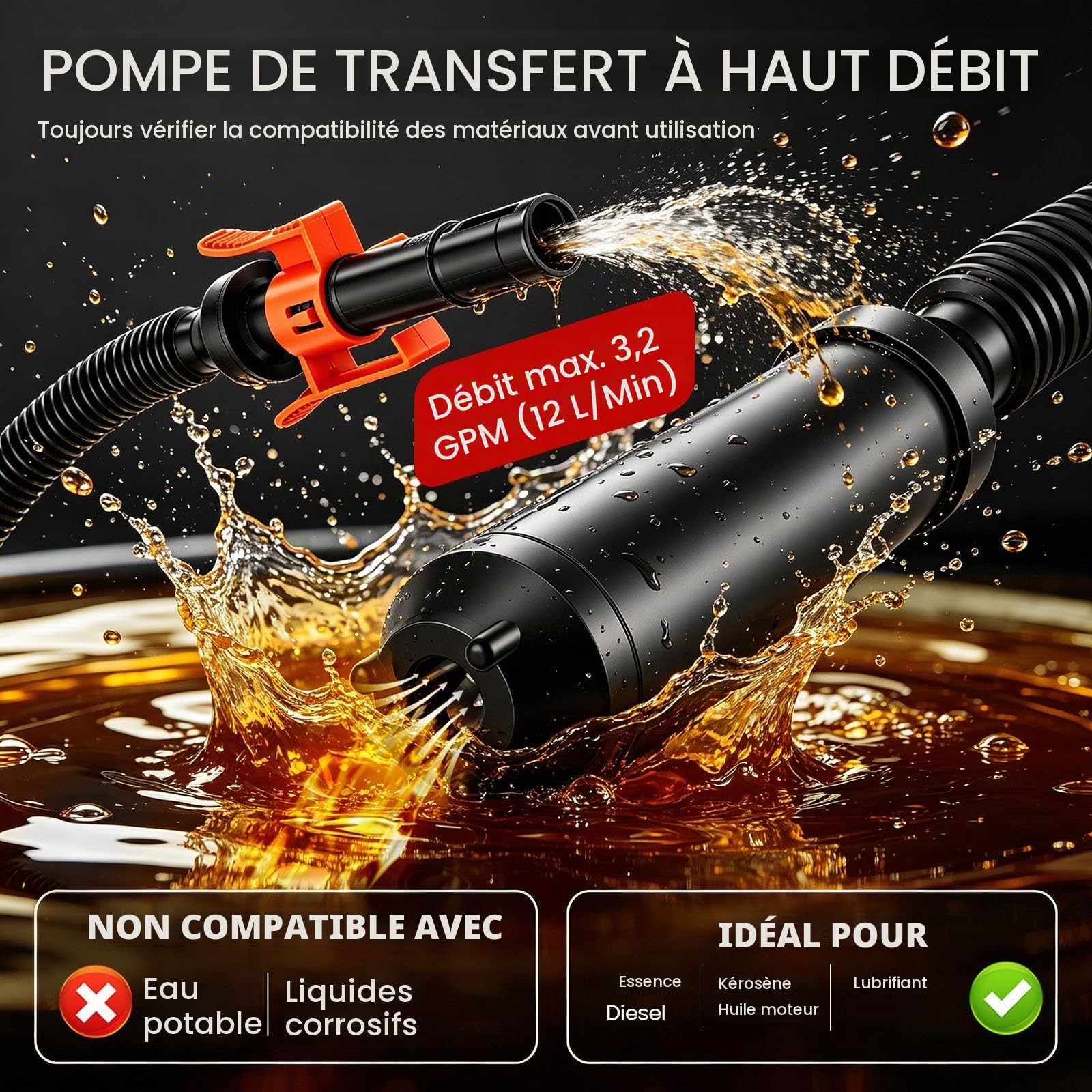 Pompe à Carburant Électrique avec Arrêt Auto 12L min, Pompe de Transfert Carburant, Pompe à Gasoil Pompe Essence Électrique, pour Voiture, Tracteur, Motocyclette, Bateau, avec 3 Adaptateurs