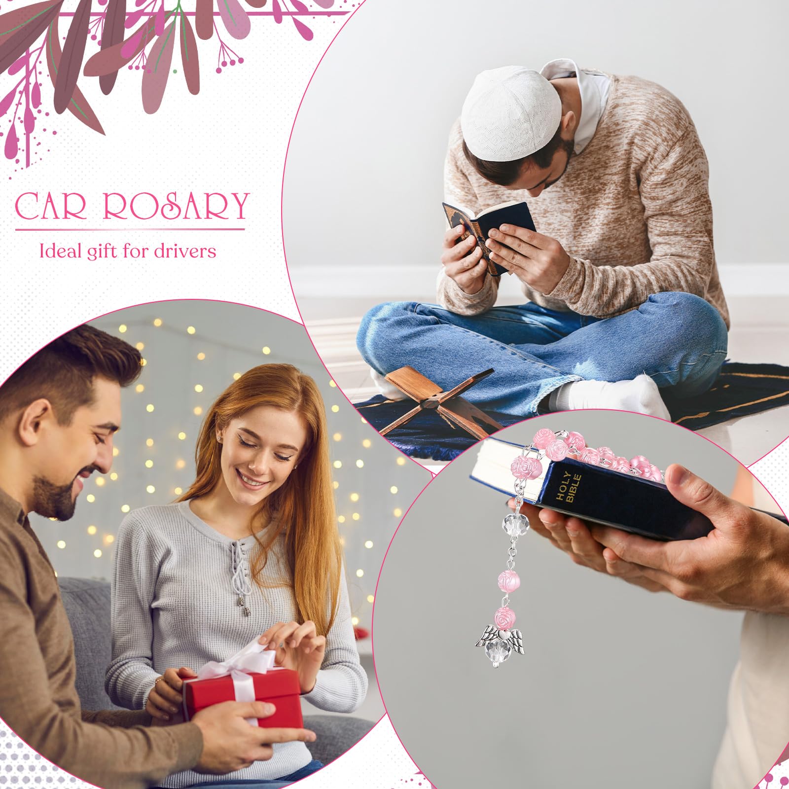 Rosario da Auto Angelo Custode Borsa Regalo in Velluto Bianco Corto da Uomo e Donna Idea Regalo per Autisti Ornamento da Appendere Rosa