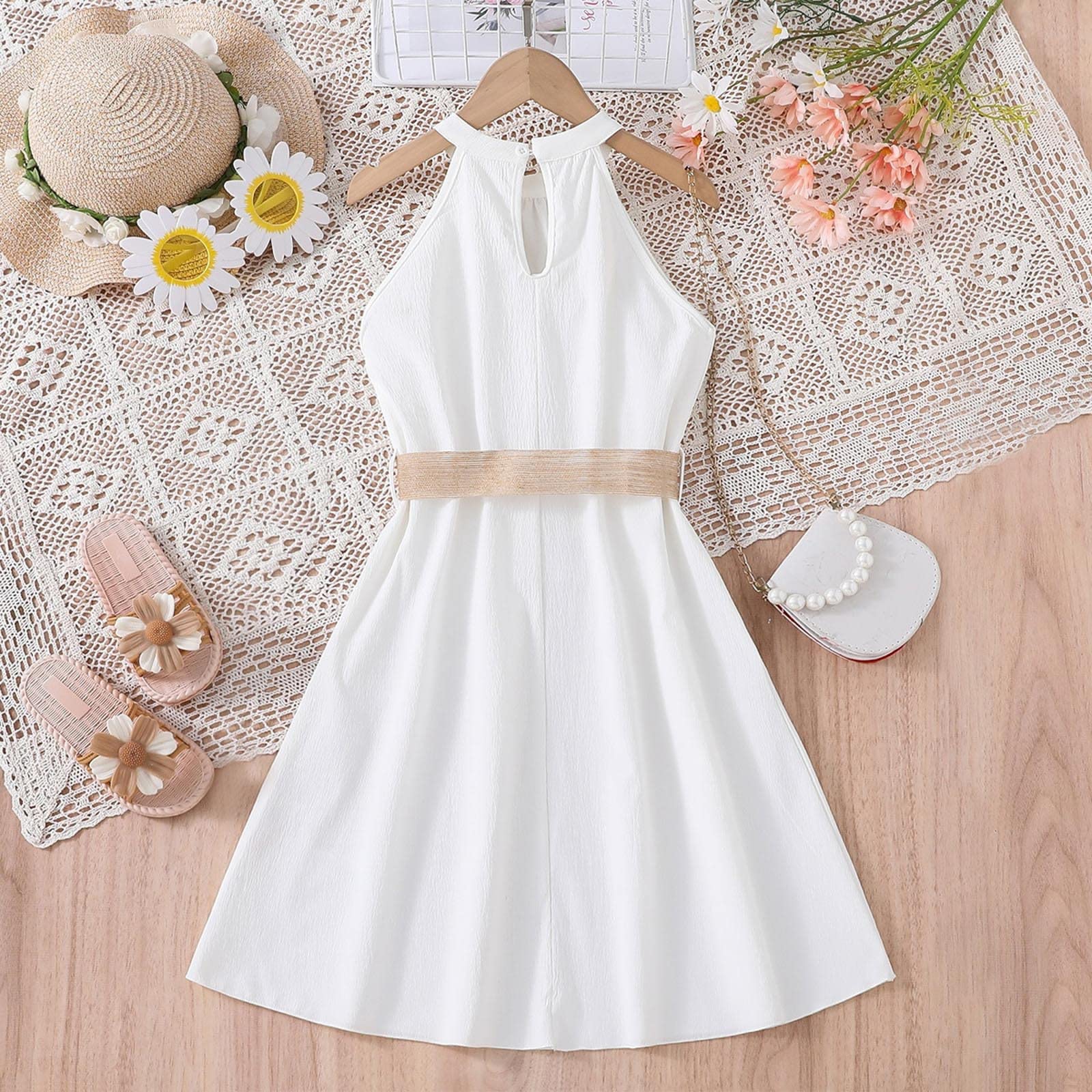 Amazon.com: 2t Thanksgiving Outfit Girl Children Dress Solid Color Hanging  Neck Waist Collection Dress Baby Girl (White, 9-10 Years) : Clothing, Shoes  & Jewelry