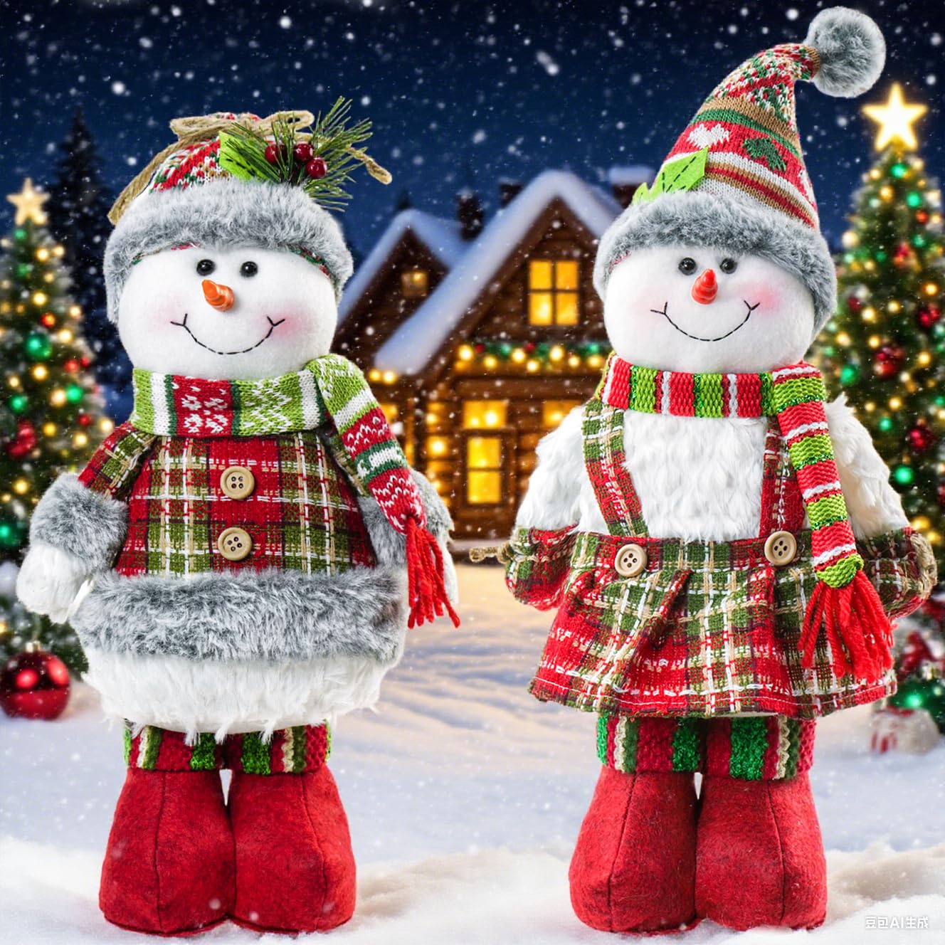 Juego de 2, muñeco de nieve de Navidad de pie de 18 pulgadas de alto, muñeco de nieve de peluche suave con bufanda de punto rojo y sombrero, decoración de Navidad, decoración de mesa para