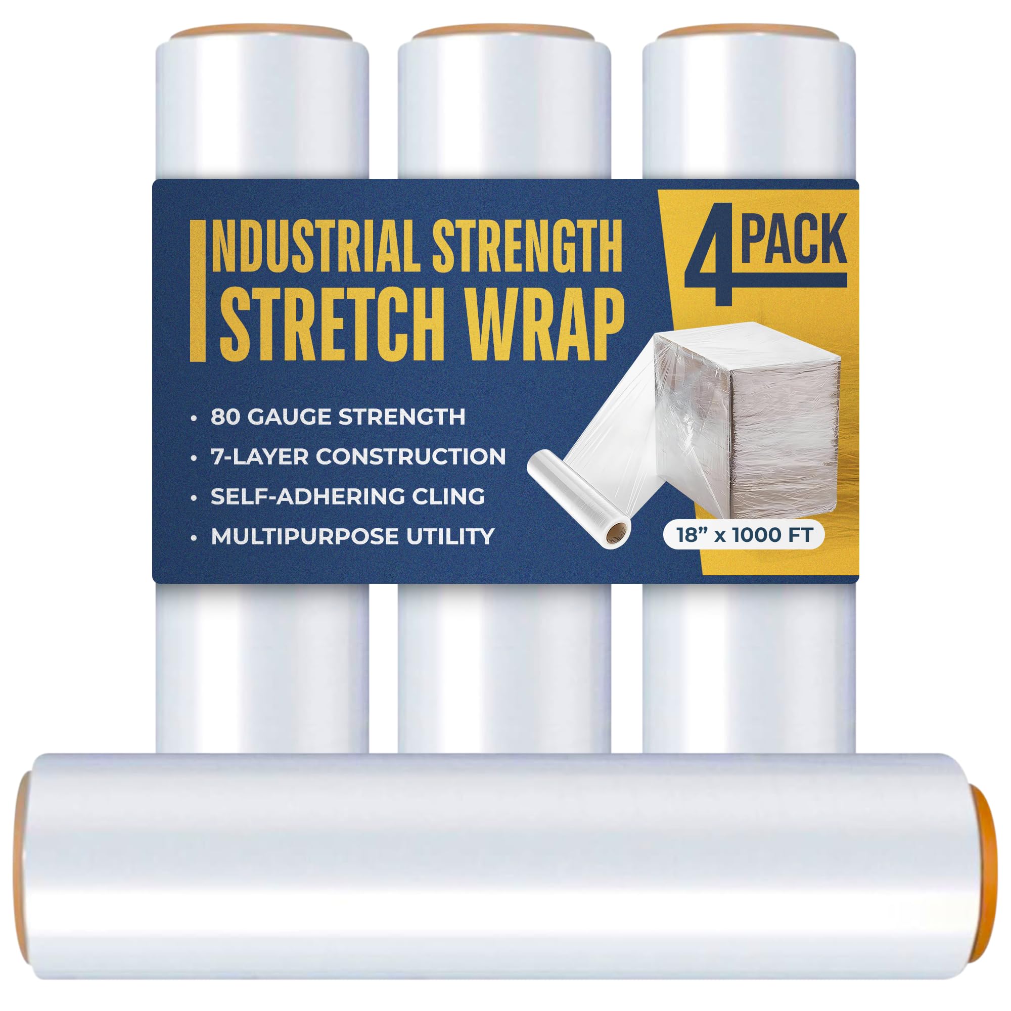 Industrial Stretch Film Wrap – 18" x 1000 FT x 80 Gauge, 4 Rolls Heavy Duty Pallet Wrap | Clear Plastic Moving Wrap for Packing, Shipping, Furniture &