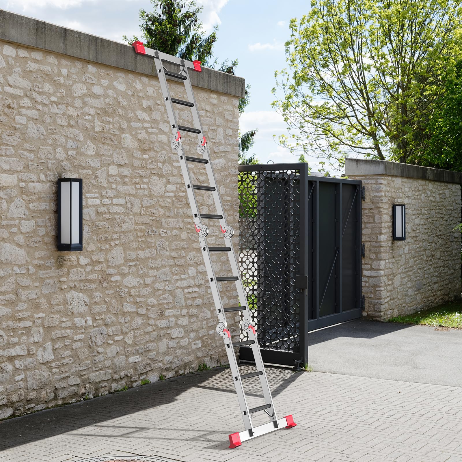 AMHANCIBLE Échelle Multifonction 3.4m Aluminium, avec 2 Plateaux de Travail | Échelle Pliante 4x3 Marches, Échelle Polyvalente Jusqu'à 150 kg, 7-en-1, pour Grenier, Maison, Bricolage Léger, EBAL01RD