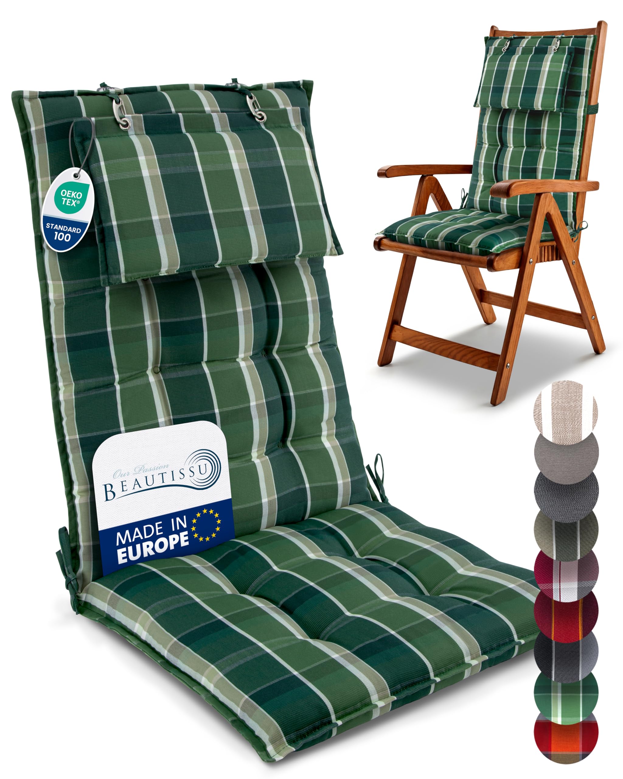 Beautissu Premium Outdoor Chair Cushion High Back with Head Pillow 120x50 cm - UV 8 cm Thick Padding Seat Cushions for Garden Chairs Non-Slip Fastening Straps - Green Chequered - Sun-HL