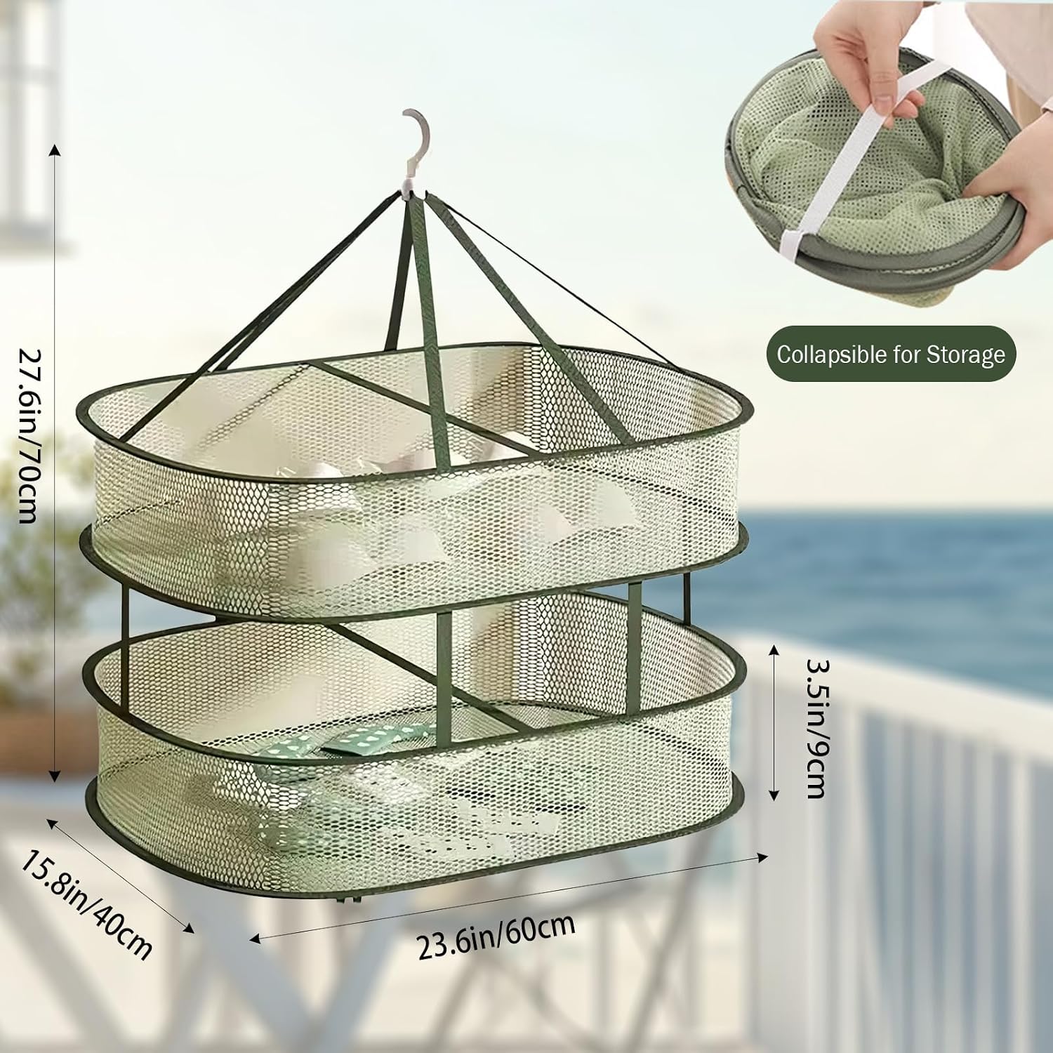COVRA 2-Pack 23.6×15.7×3.5 Inches Single Layer, Double-Layer Foldable Mesh Drying Rack, Rectangular Hanging Sweater Dryer, Dark Green Clothes Drying Rack