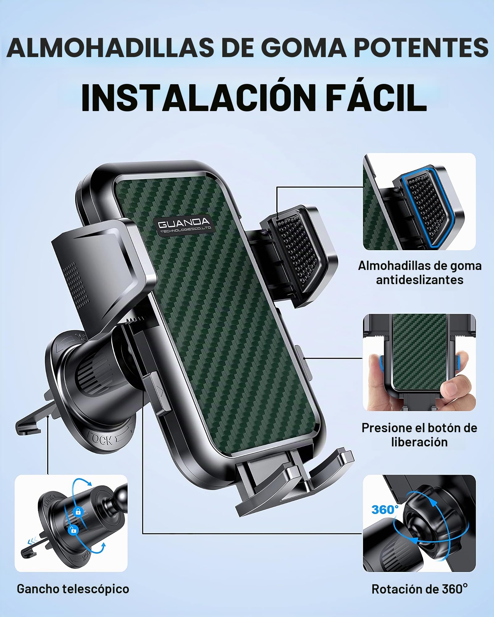 2026 Soporte Movil Coche Para Ventilacion Aire, Sujeta MovilesPara Coche Gancho Mejorado, Porta Movil Coche Giratorio360°,Soporte Telefono Coche Universal Para iPhone Samsung Redmi Smartphones