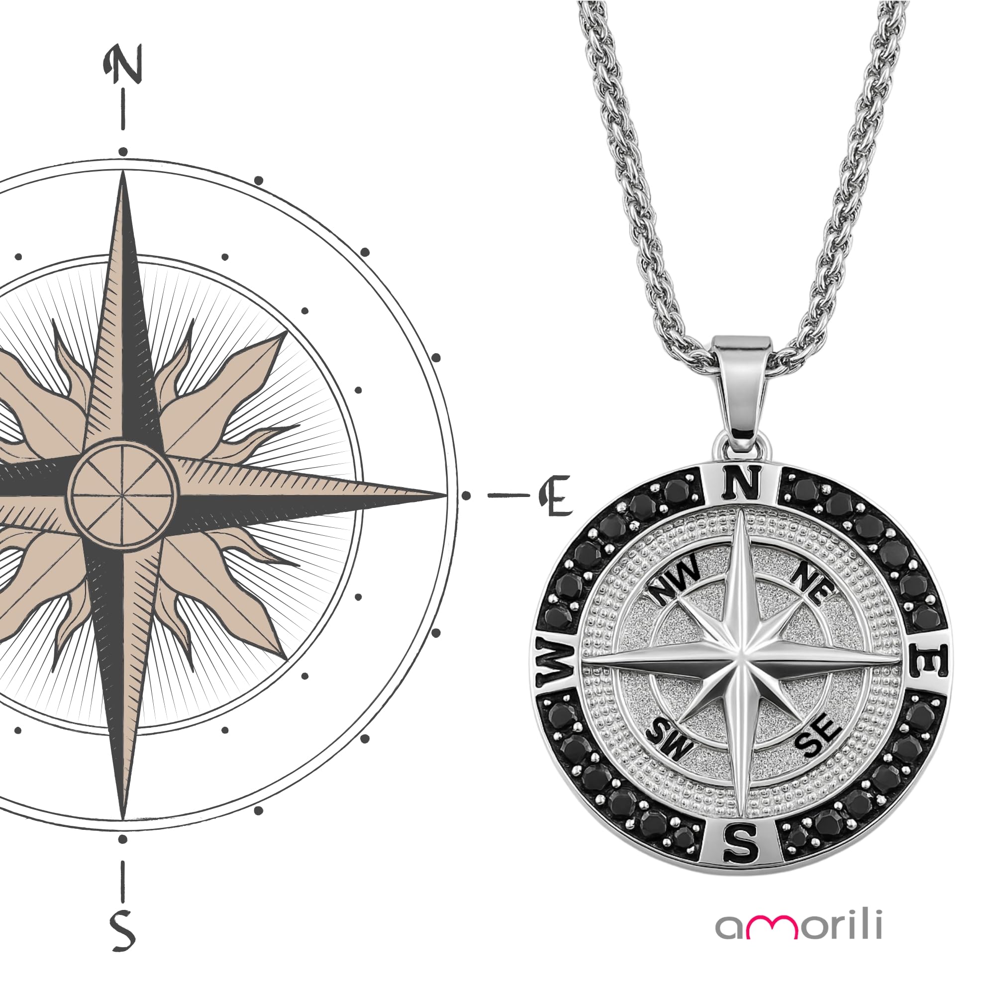 Collana Uomo Rosa dei Venti in Acciaio Inox – Ciondolo Bussola Ø2 cm – Catena Veneziana 50 cm – Stile Nautico Elegante – Idea Regalo Avventura cll2260