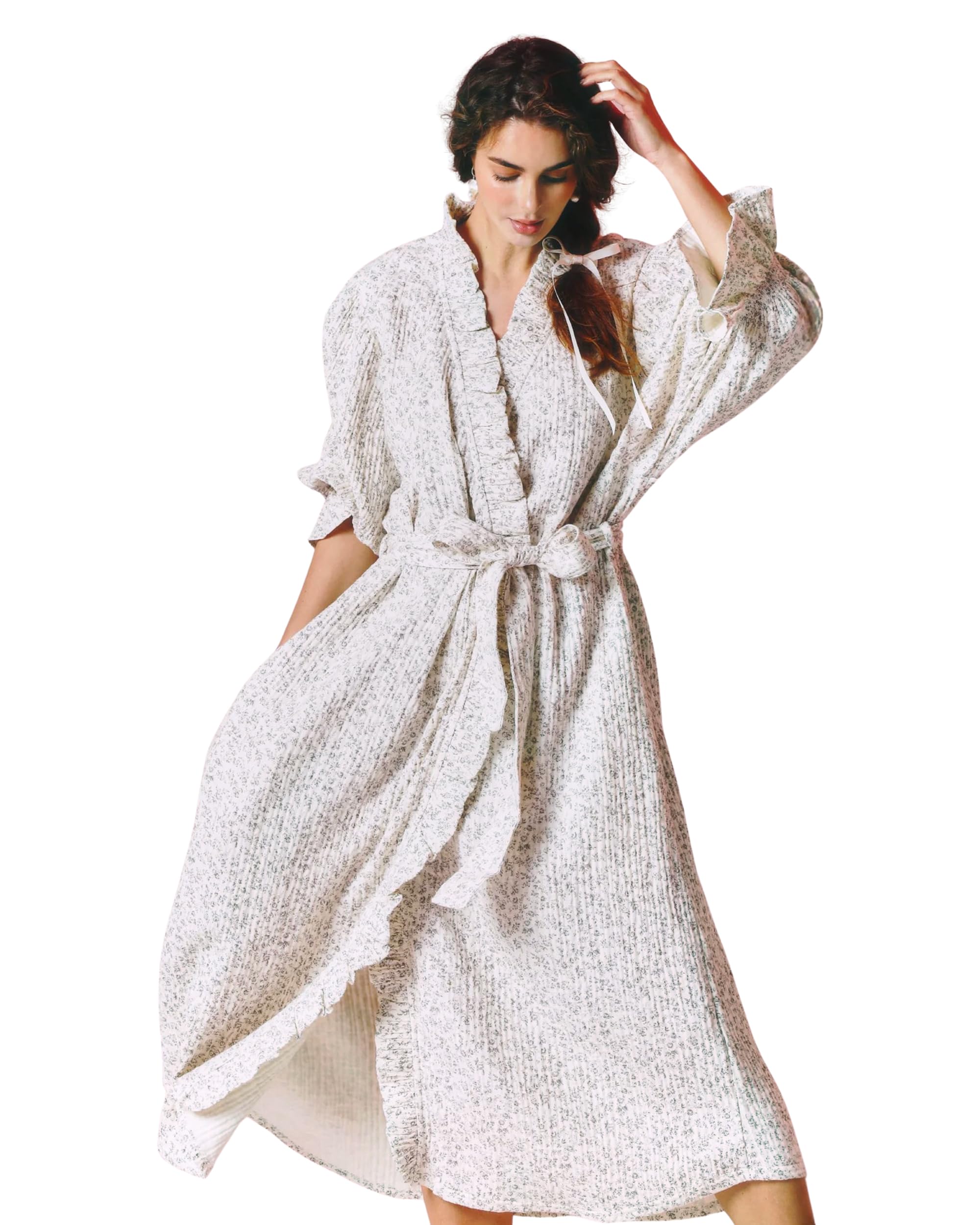 Photo 1 of NOTHING FITS BUT 50% Modal 50% Cotton Maternity Robe, Nursing & Delivery Gown with Adjustable Belt & Puffed Sleeves, Nightgown for Postpartum, Flowy Pregnancy Robe for Moms to Be, Ichika, One Size