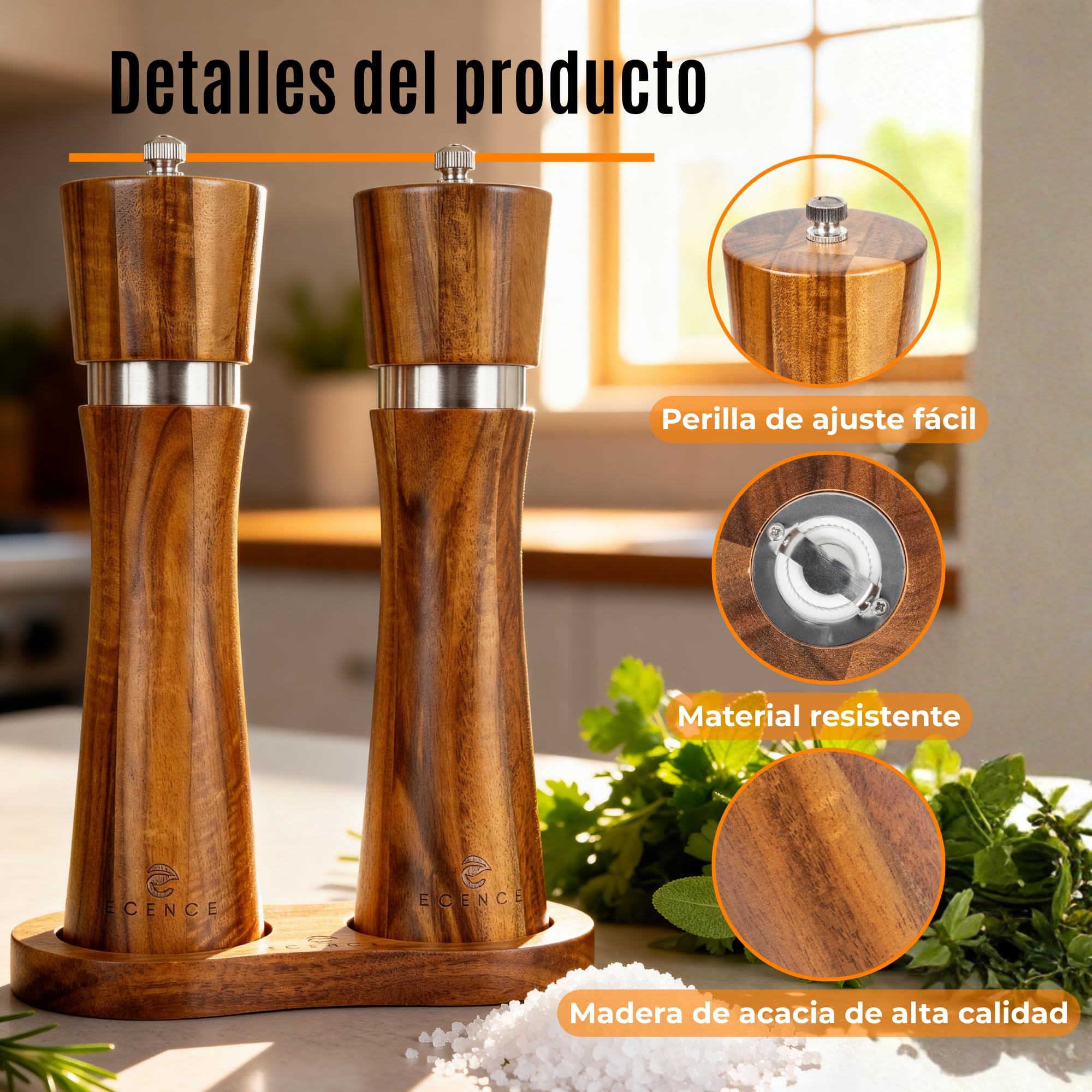 ECENCE Molinillo Pimienta y Sal de Madera de acacia - Juego de 2 molinillos especias con mecanismo de cerámica, incluye cepillo de limpieza y base