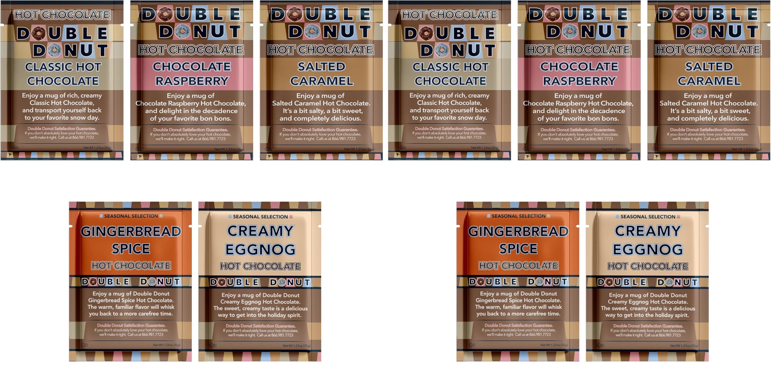 Double Donut Flavored Hot Chocolate Packets Variety Pack,18 Count Includes Classic, Chocolate Raspberry, Salted Caramel & Peppermint (Pack of 2)