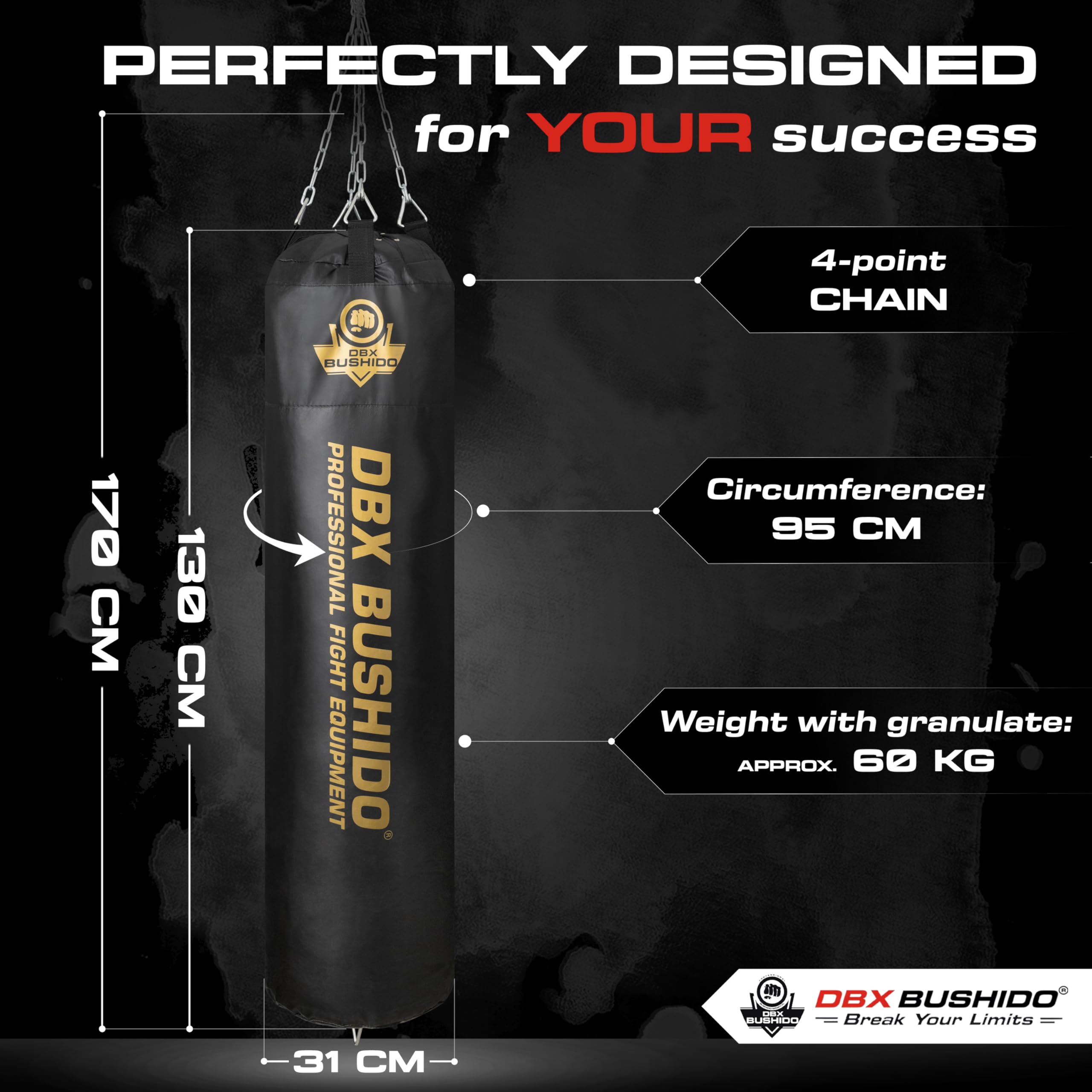 DBX BUSHIDO SPORT Boxsack Gefüllt 60kg - Ungefüllt - Training Boxen, Kickboxen, MMA, Muay Thai und weitere Kampfsportarten