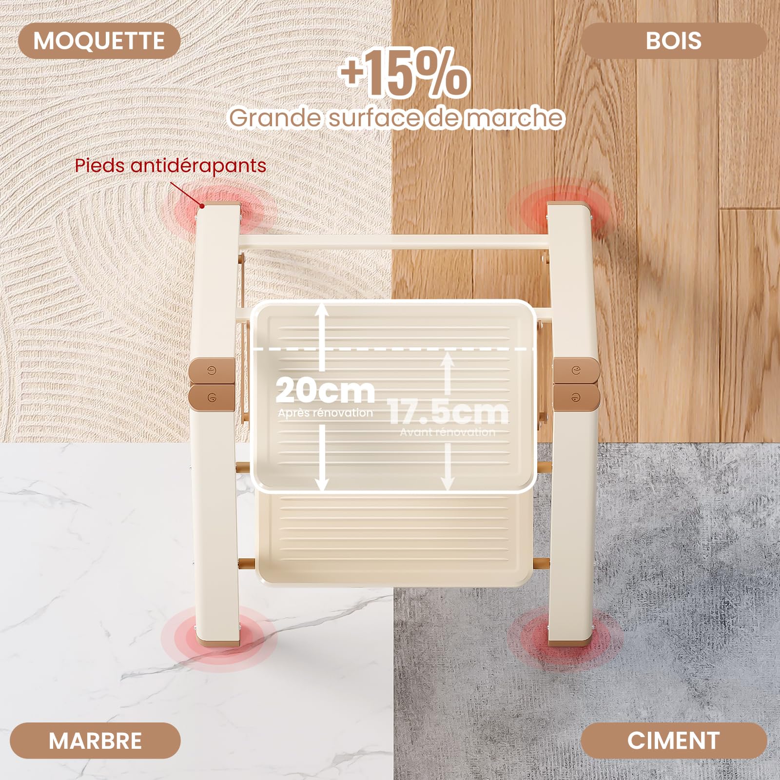 Escabeau 2 Marches pour Adultes, Échelle Pliante avec Base Antidérapante, Marches Élargies, Design Esthétique s'Intégrant Parfaitement aux Intérieurs Domestiques