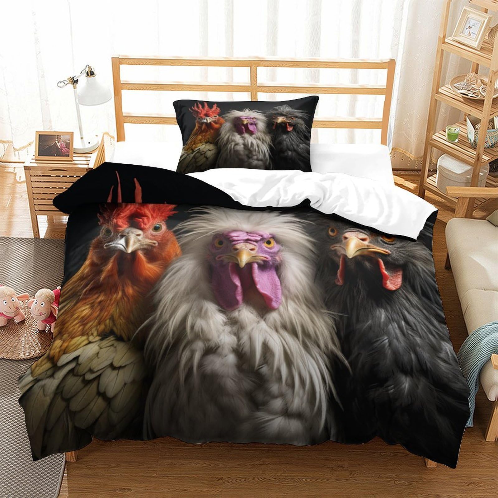 P1S9U7W5Y Unique Rooster 3D Printed Duvet Cover Set 3 Pieces Microfiber Animal Bedding Set Comfortable Breathable for Bedroom Decor Single（135x200cm）