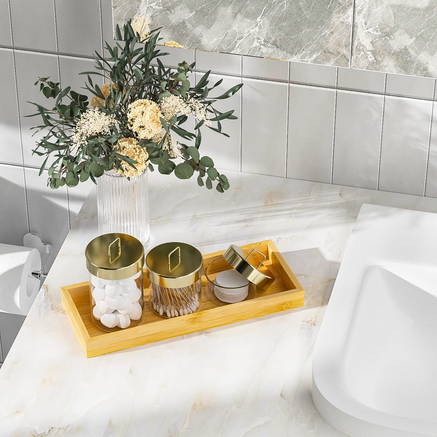 Plateau De Salle De Bain En Bambou - 17,4 × 8,8 × 1 Cm - Coiffeuse En Bois - Distributeur De Savon - Bougies, Cosmétiques