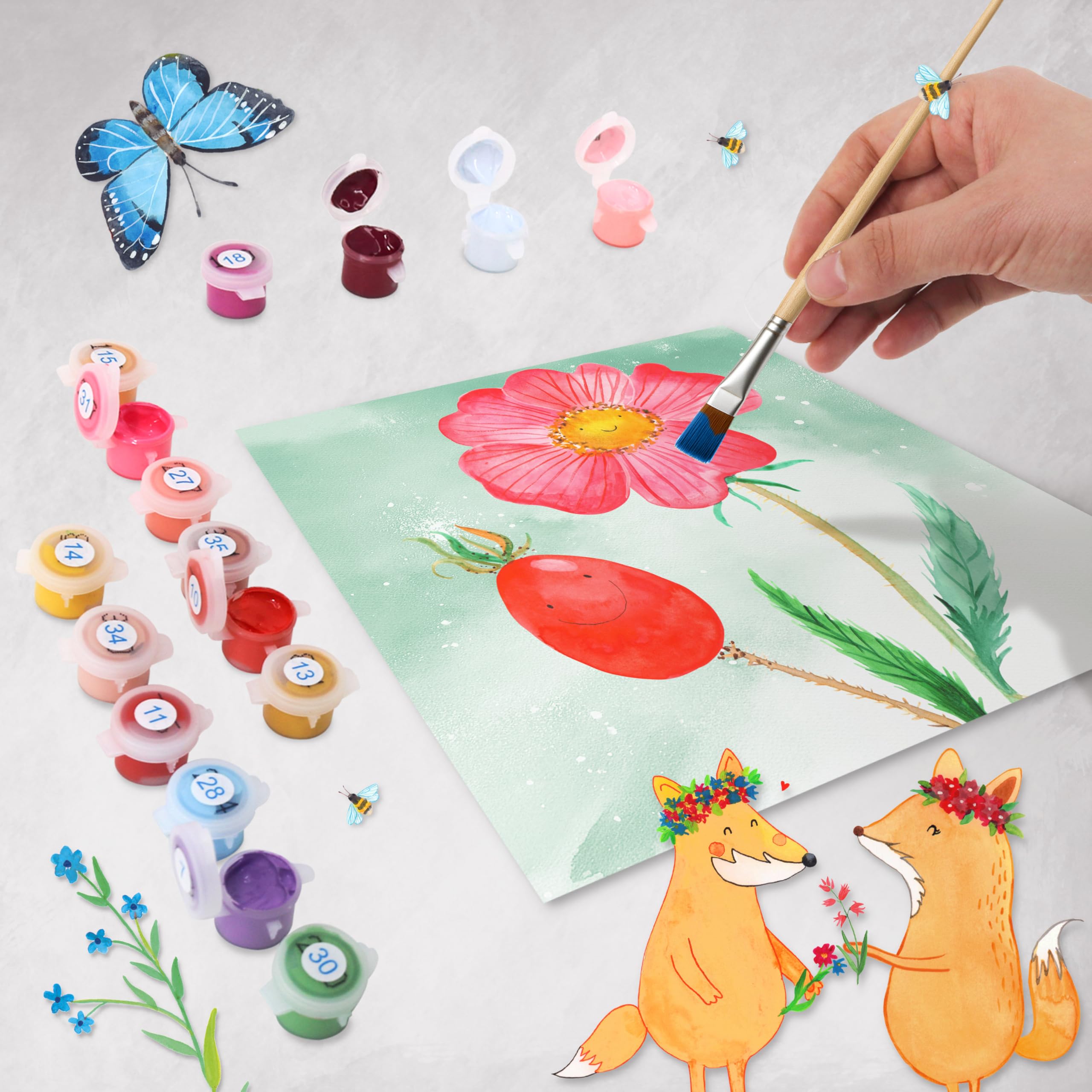 Mr. & Mrs. Panda Malen nach Zahlen Blume Hagebutte Motiv 40 x 40 cm Mit Rahmen - Geschenk, Schlechte Gedanken, Zahlenbild, Bild, diy set, leinwand malset, Lebensfreude, Garten