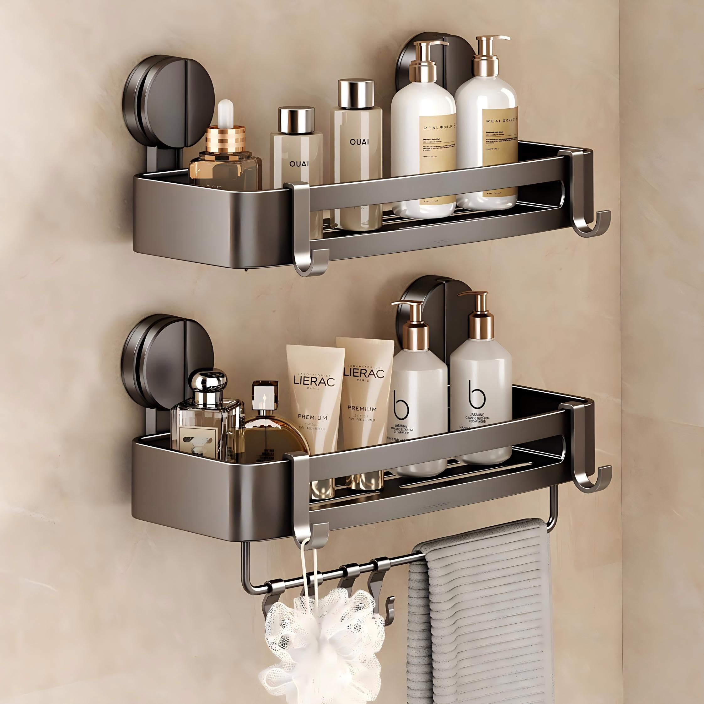 VOLPONE 2 Pack Shower Caddy Suction Cup, Corner Shower Shelves No Drilling, Showers Organizer Storage with Towel Bar & Removable Hooks, Bathroom Shower Shelf Rack for Inside Showers, Triangle — view 8
