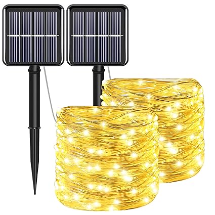 Solar Copper String Lights 72ft 100 LED?2 Pack? 8 Modes Outdoor String Lights Waterproof Fairy Lights for Garden, Patio, Fence, Balcony, Outdoors(Warm White 2pcs)