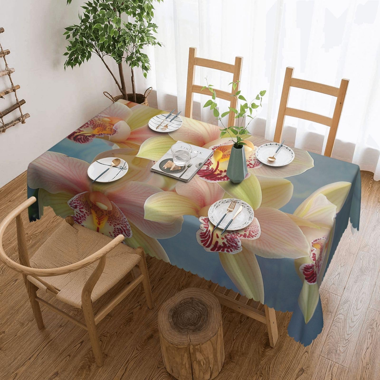 WPKJU Orchids Printed Rectangle Tablecloth 72x54 Inch with Lace Trim, Water-Resistant Washable Table Cover for Farmhouse Weddings, Outdoor Picnics & Holiday Dining