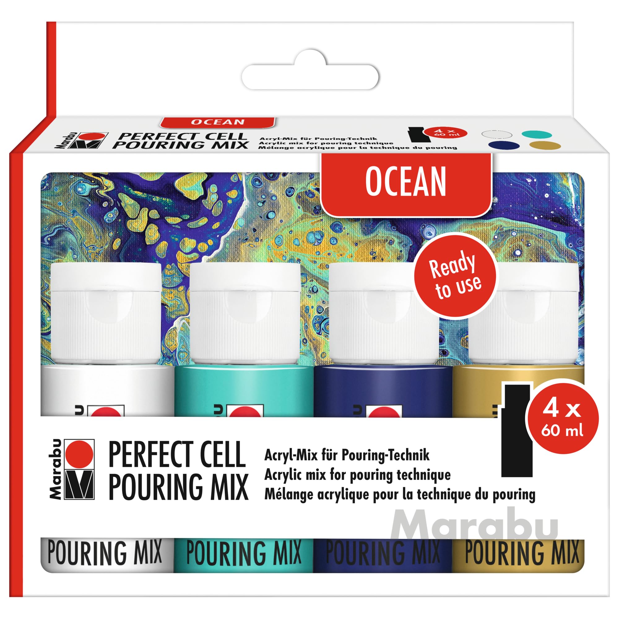 Marabu Ocean Super Cell Pouring Mix 4 X 60 Ml Paint, Ready-To-Use Acrylic Mix For Pouring Technique, Waterproof, Fade-Resistant, Dries Satin Finish, 1210000000301