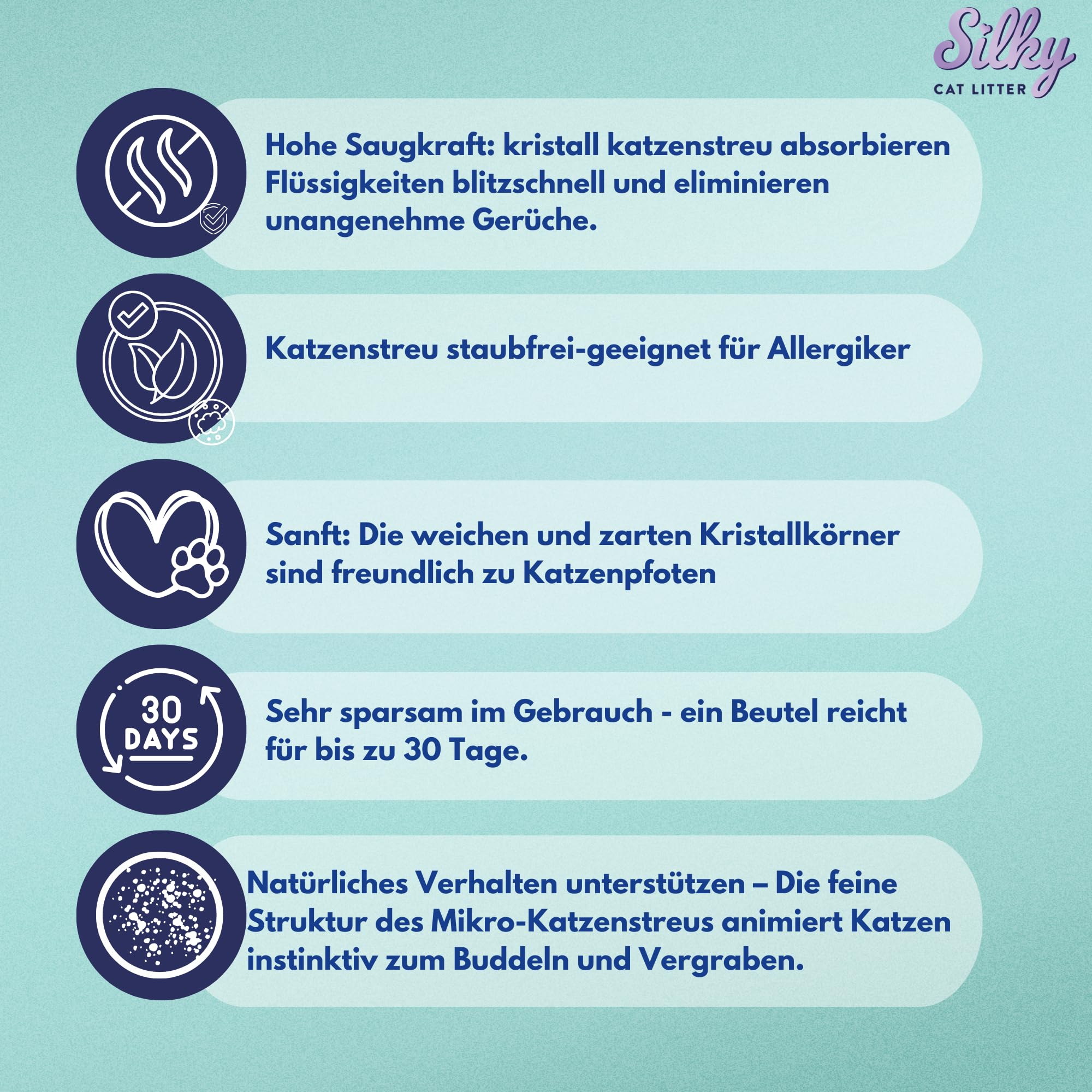 Silky Mikro Silikat-Katzenstreu 3,8L | 30,4L Satz | Staubfrei, Geruchskontrolle, Saugfähig, Bakterienhemmend, Sanft zu Pfoten, Lang anhaltende Frische, Silica |8er-Pack