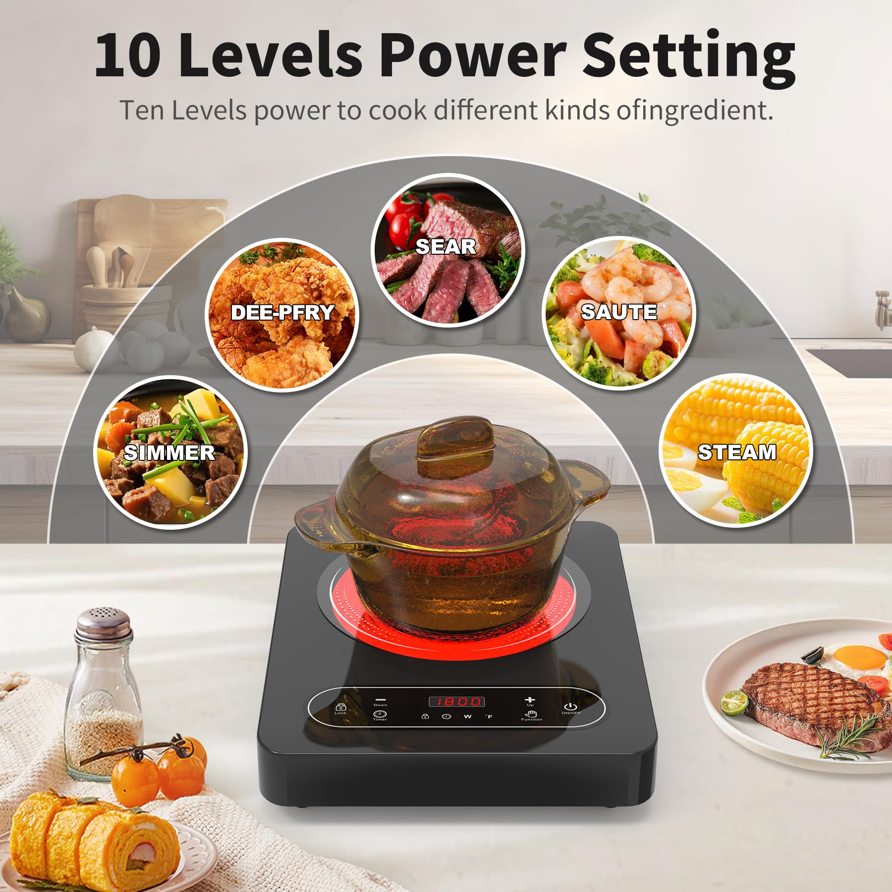 Cocina eléctrica de un solo quemador, estufa eléctrica de 110 V 1800 W con control táctil LED, 10 niveles de potencia, 4 horas, bloqueo de seguridad, cocina portátil, protección contra 4