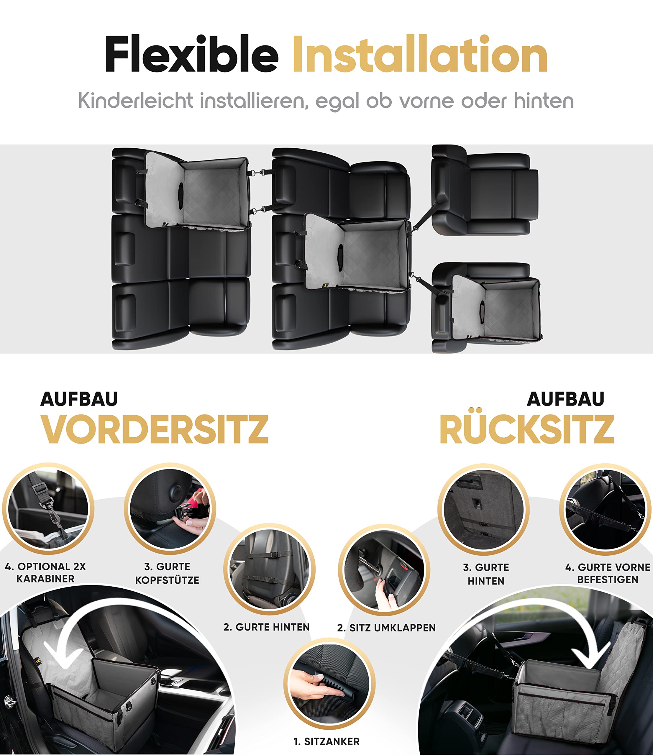 Heldenwerk Seggiolino auto per cani extra robusto Pareti rinforzate e 5 cinghie impermeabile sedile posteriore anteriore grigio misura
