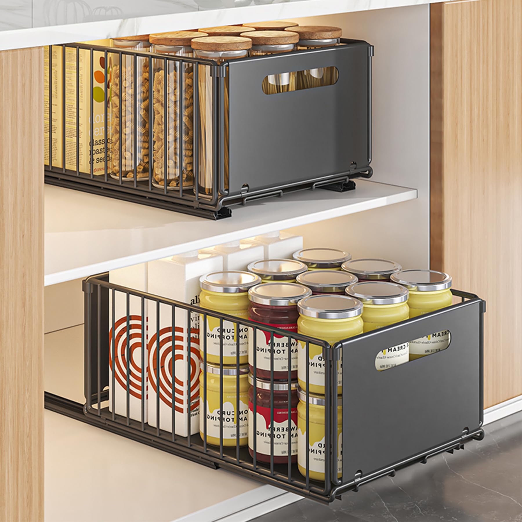 MaxEarn 2PCS Pull Out Cabinet Organizer, Carbon Steel Slide Out Drawer Storage Shelves for Kitchen Cupboard, 37.5 x 24.5x 19CM Roll-Out Sliding Drawer, Black Heavy Duty Sliding Mesh Cabinet Basket