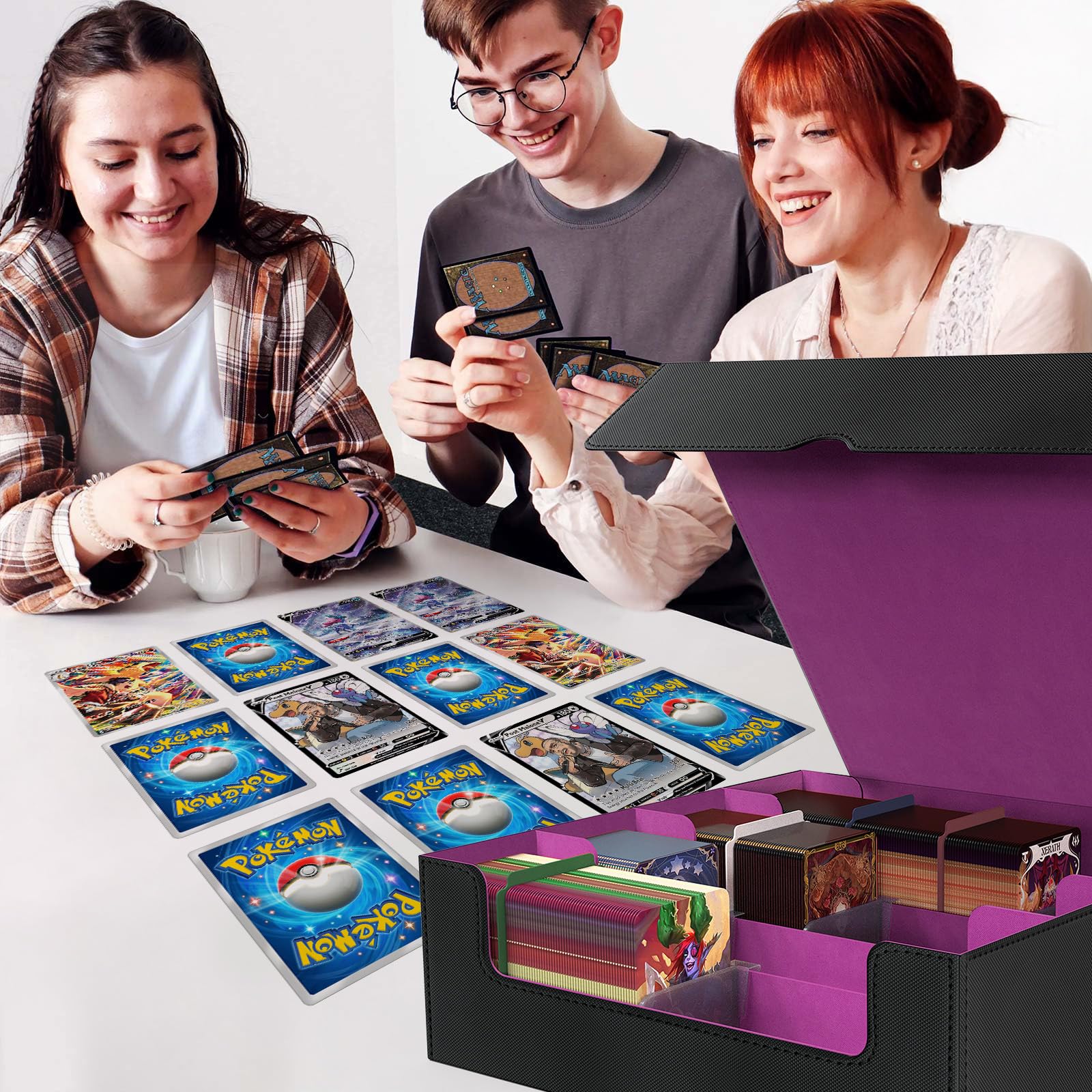 3200+ Capacity Trading Card Storage Box, Holds 3.7in Cards MTG Commander Deck Box with 24 Color-Coded Dividers & 4 Reinforced Supporters, Thick Card Organizer Fit for Magic, TCG, YuGiOh, Sports Cards