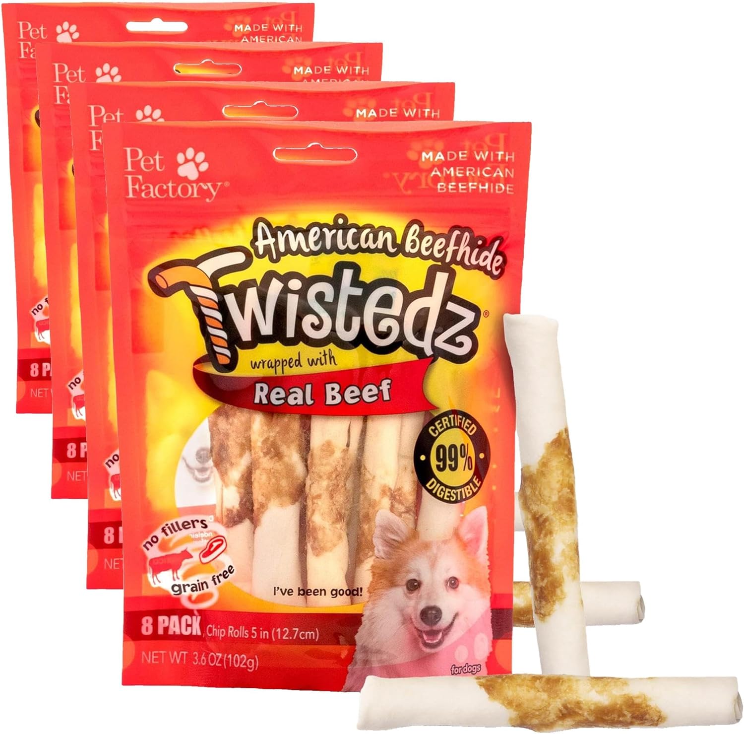 Pet Factory Twistedz American Beefhide 5" Chip Rolls Dog Chew Treats w/Real Chicken Meat Wrap - 8 Count/2 Pack