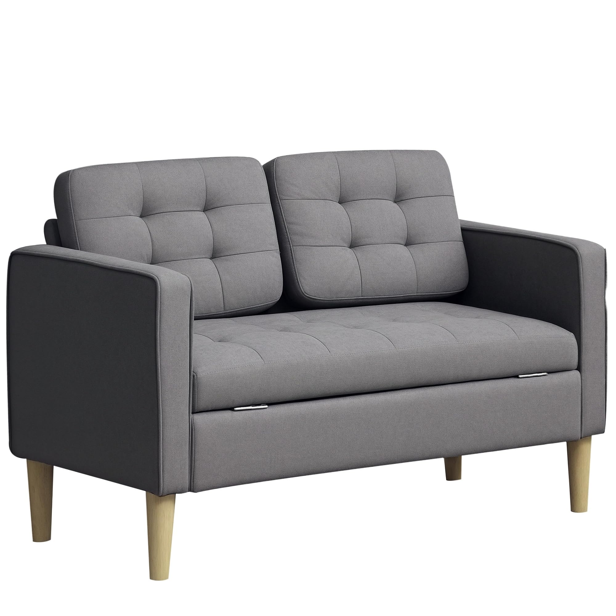 HOMCOM 2 Seater Storage Sofa Hidden Under Seat Storage Compact Grey | Fabric Couch, Thick Cushions, Rubberwood Legs, Space Saving, Living Room, Apartment