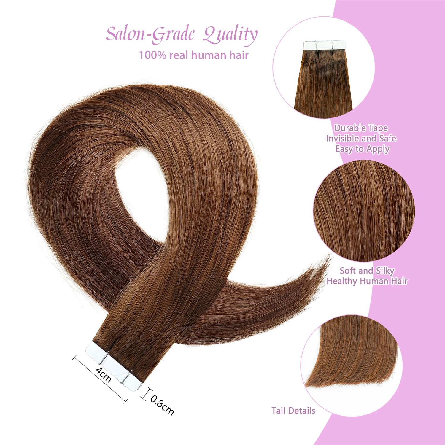 LieblichWelle Tape in Hair Extensions Human Hair Brown 20 inch, 20pcs, 50g/Pack, Salon-Grade Quality - Image 2
